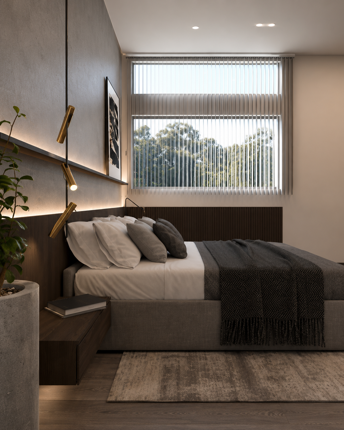 Modern bedroom with large window, bed with white and dark gray pillows, black throw blanket, wooden side table with books, and a potted plant, minimalist decor.