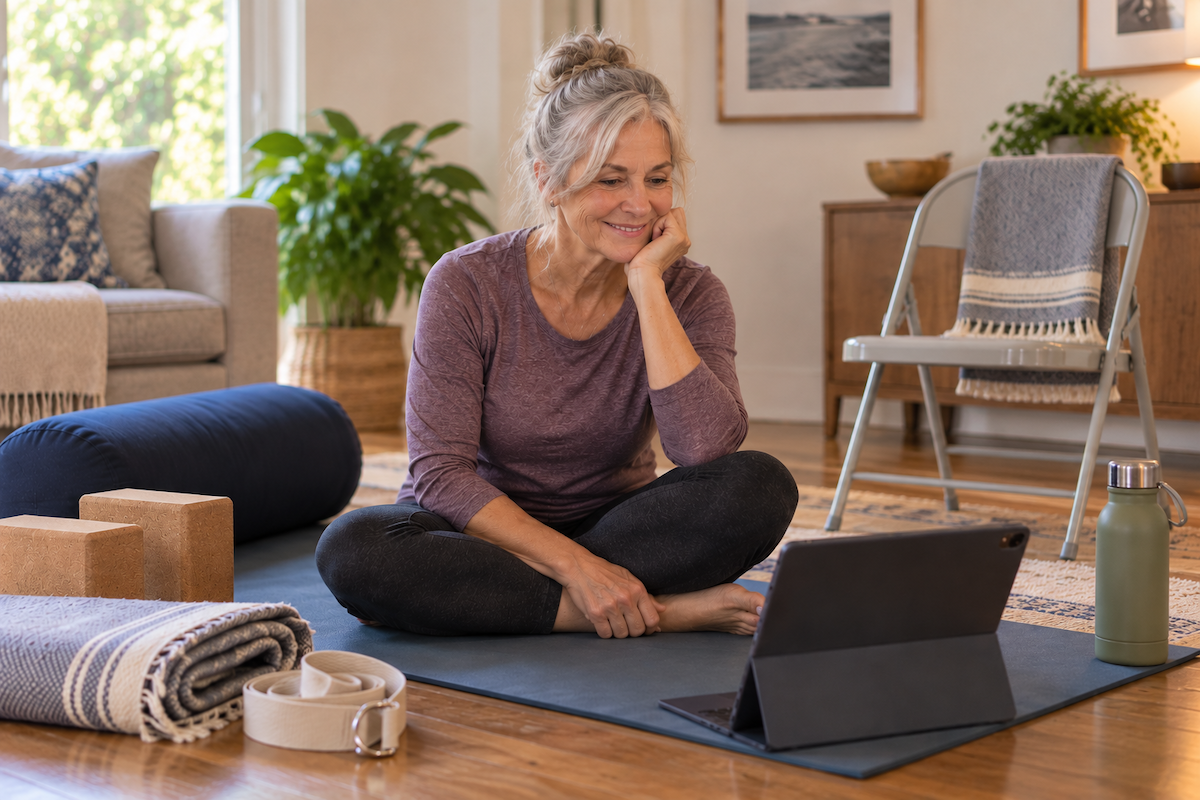 smiling woman on yoga mat with laptop joining an online yoga and wellness community
