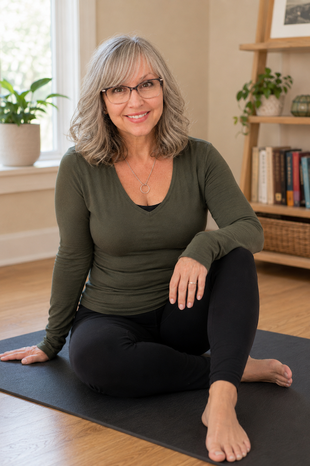 Kim smiling on a yoga mat in a cozy room, ready to begin a yoga therapy session.