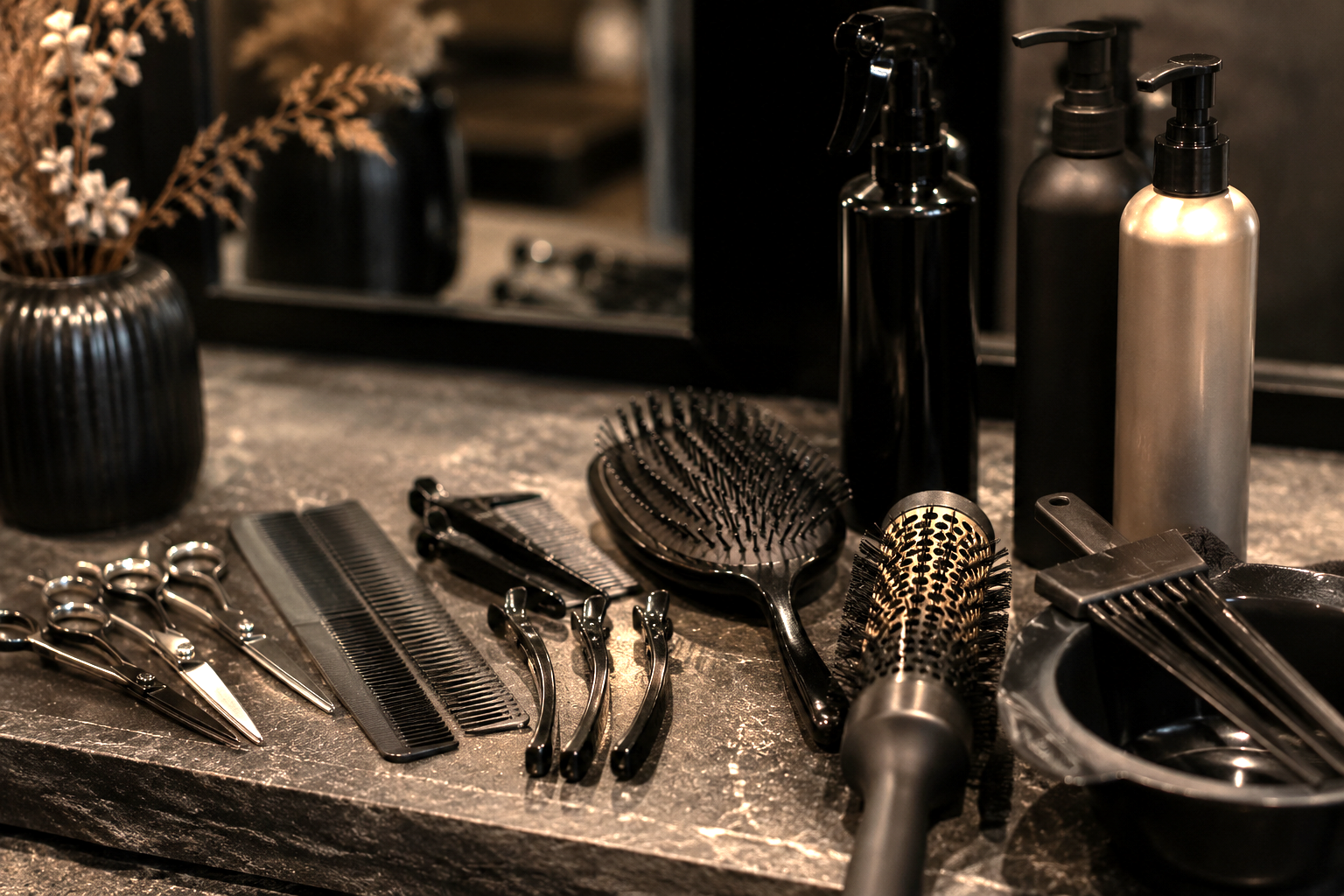 Barber tools including scissors, combs, brushes, and bottles of styling products on a marble countertop