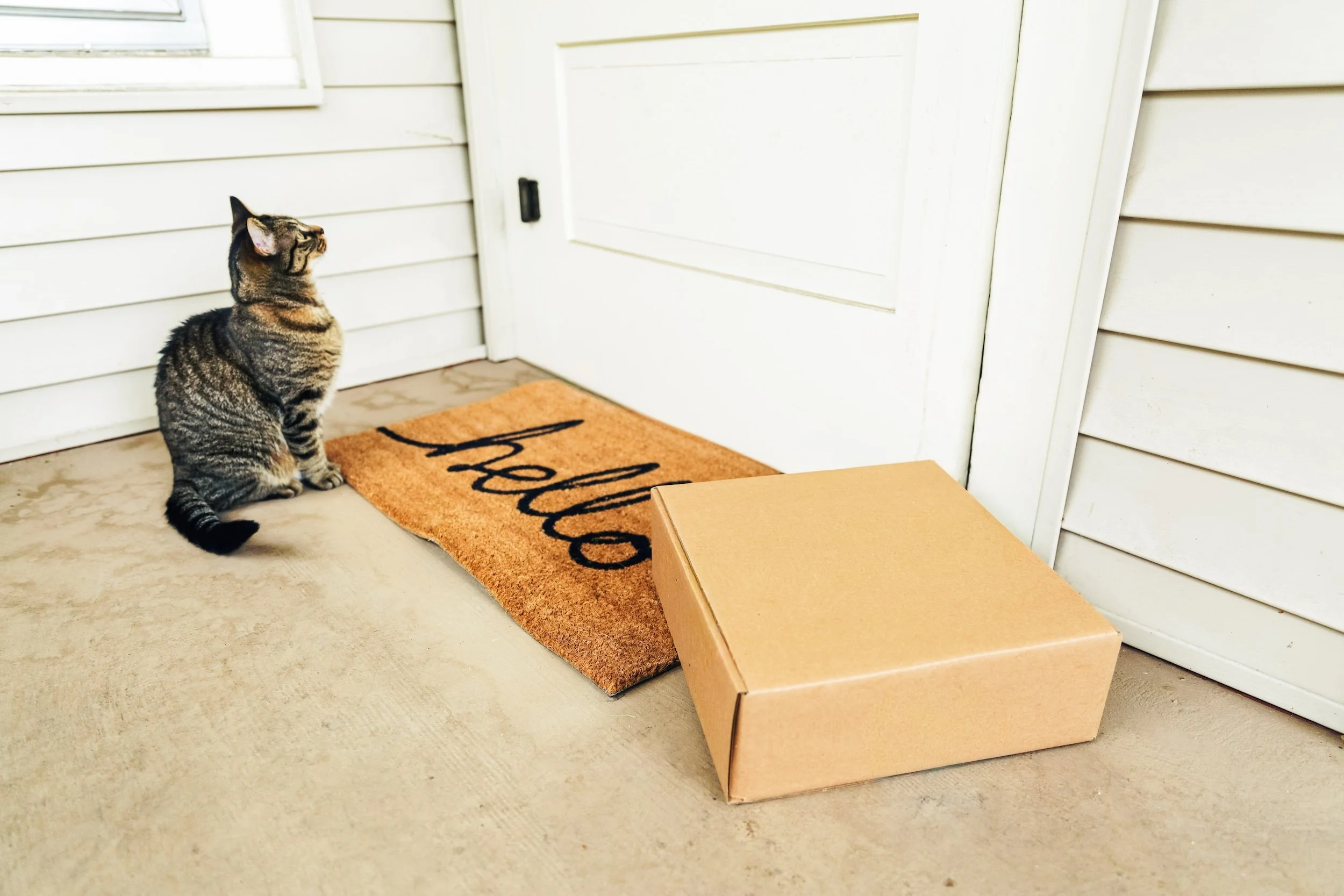Photo of a Package in a Cardboard Box Delivered to a Doorstep with a Hello Welcome Mat
