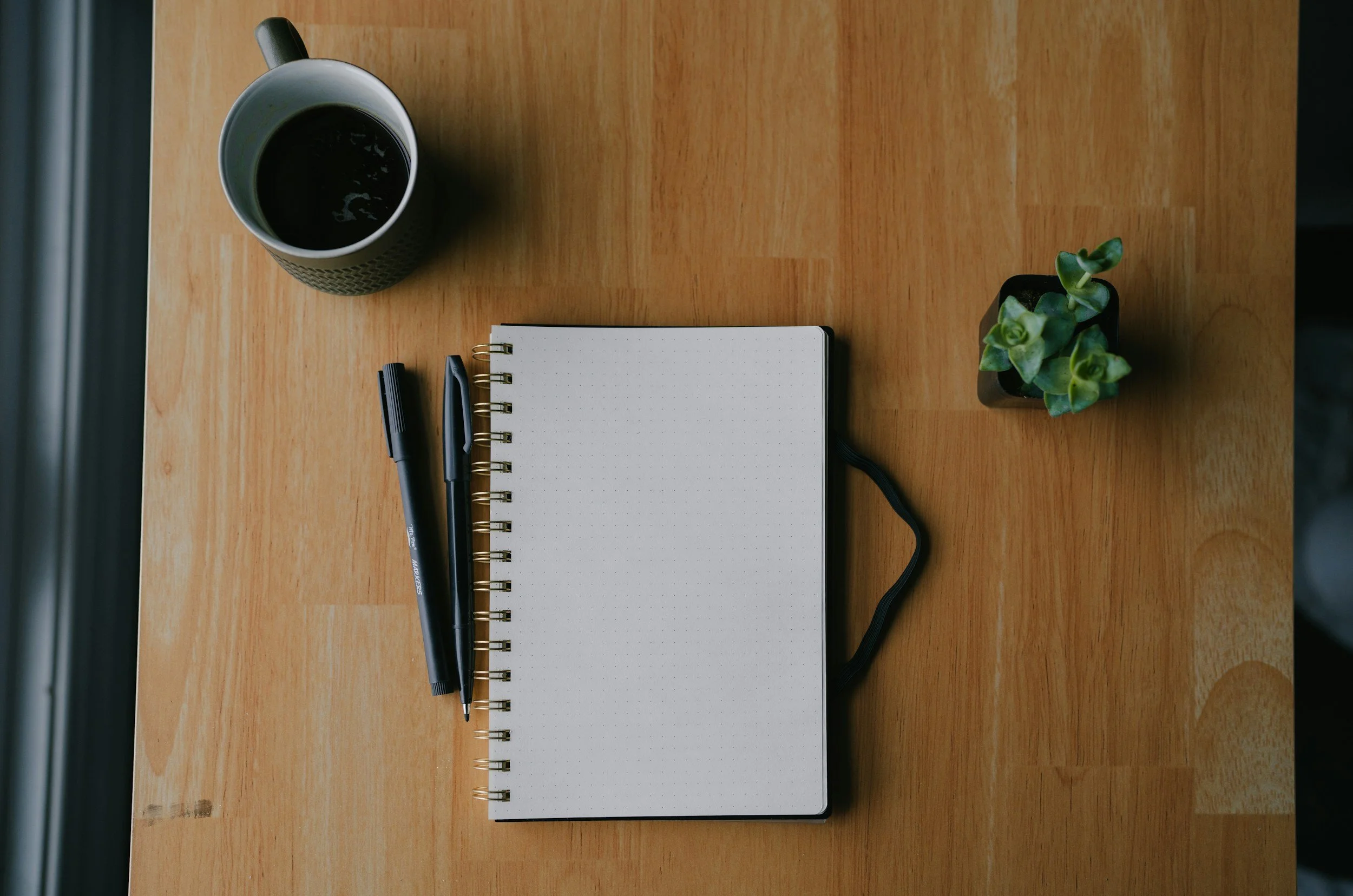 Top-view of a wooden desk with a black coffee mug, a dotted notebook, two black pens, and a potted succulent plant.