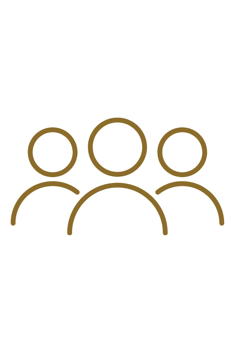 Line drawing of three people, with the person in the middle larger than the two on the sides. The graphic uses outlines and is gold in color on a black background.