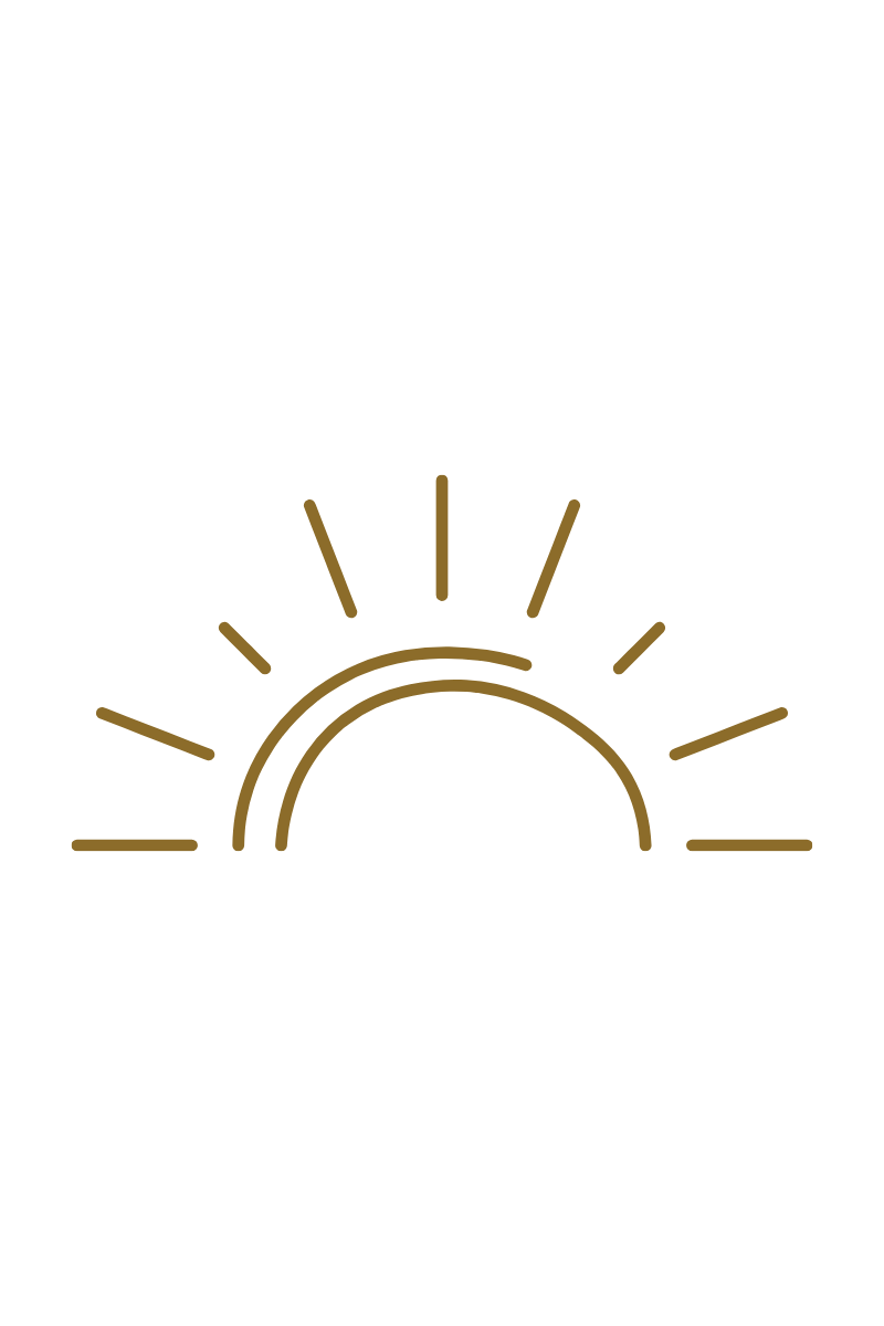 Stylized illustration of a sunrise or sunset with rays emanating from a half-circle on a black background.