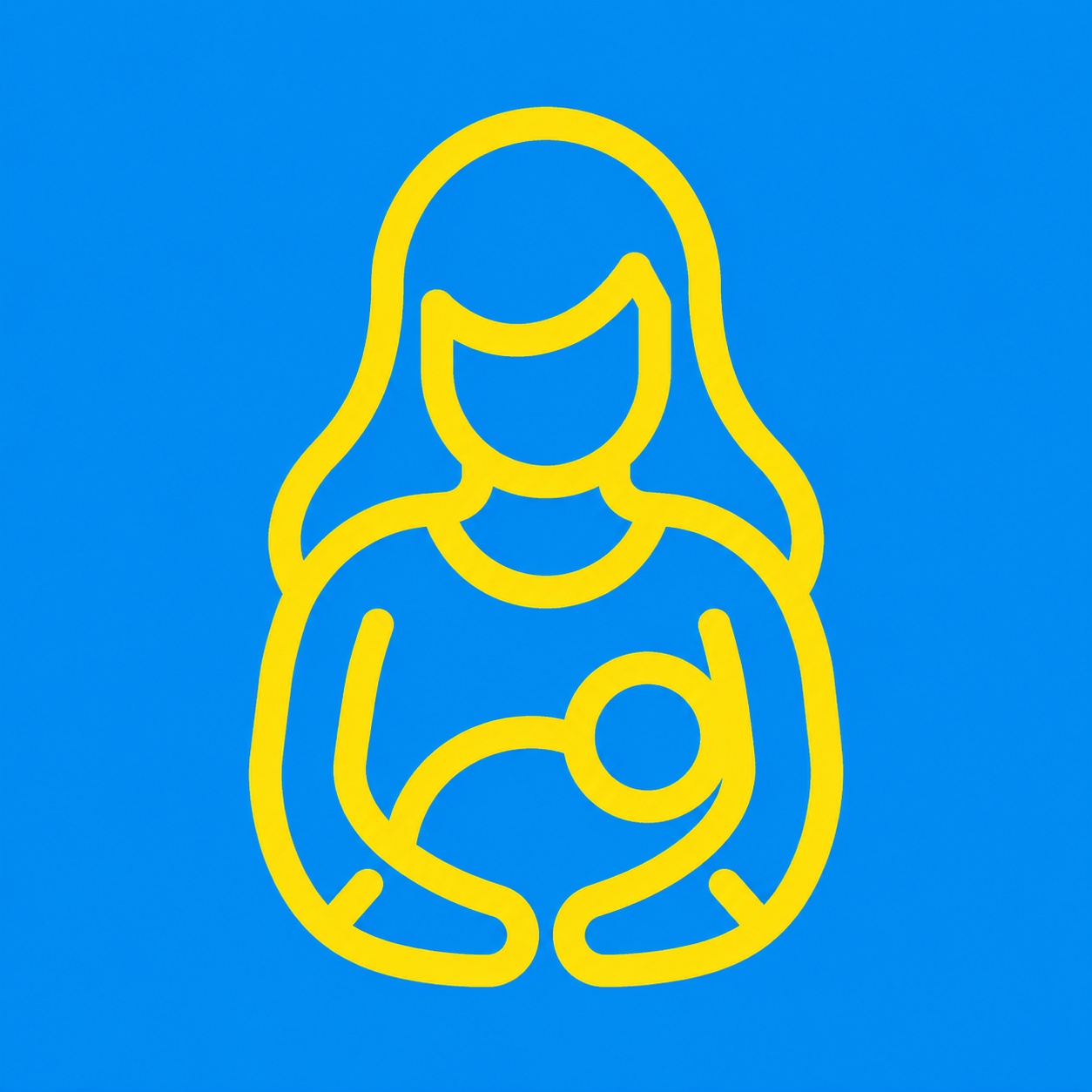 Yellow neon outline of a woman cradling a baby against a blue background.