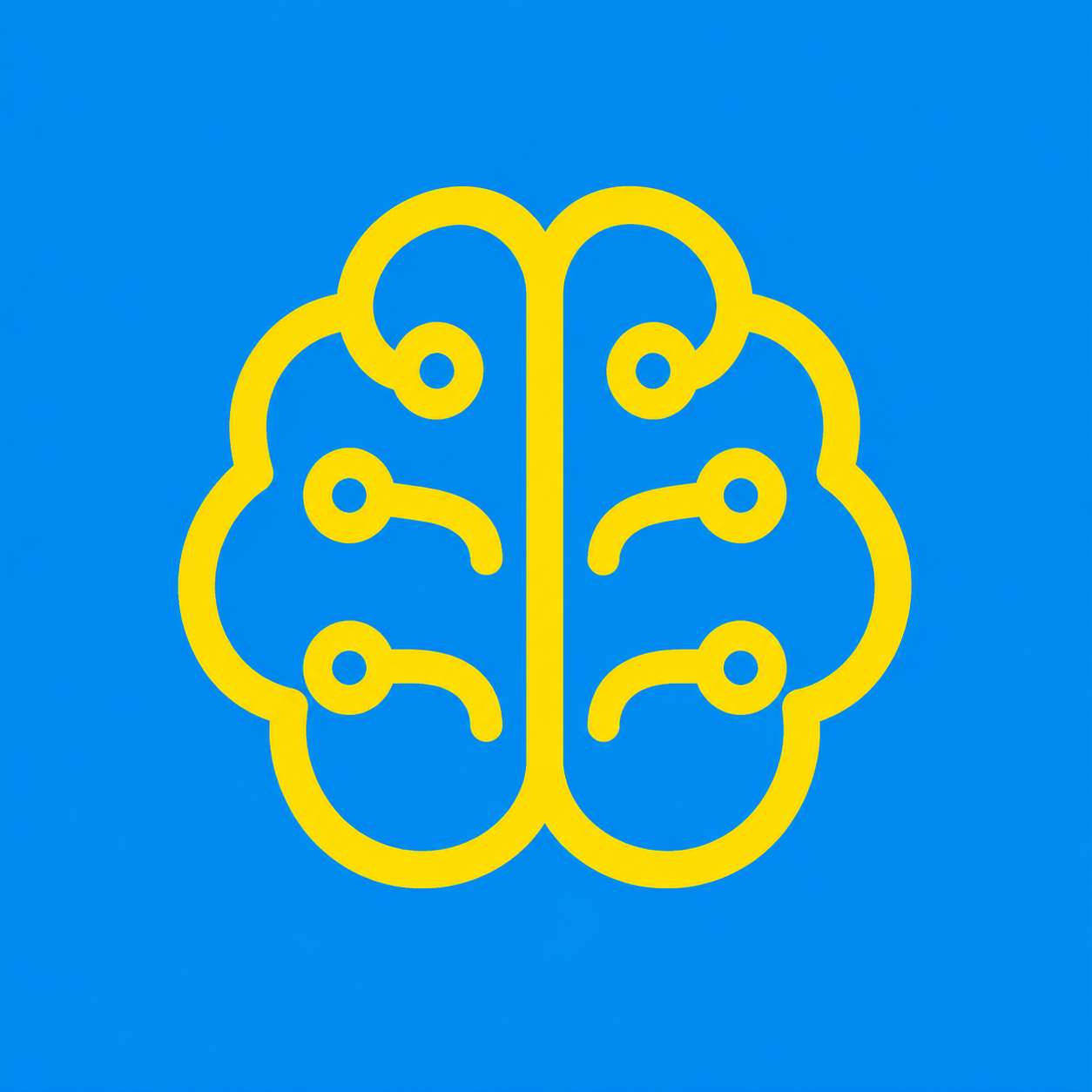 Yellow brain outline with circuit-like connections on a blue background.