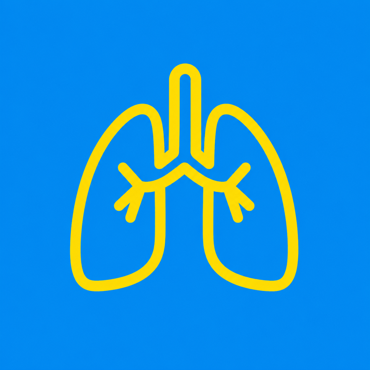 Yellow neon outline of human lungs on a bright blue background.