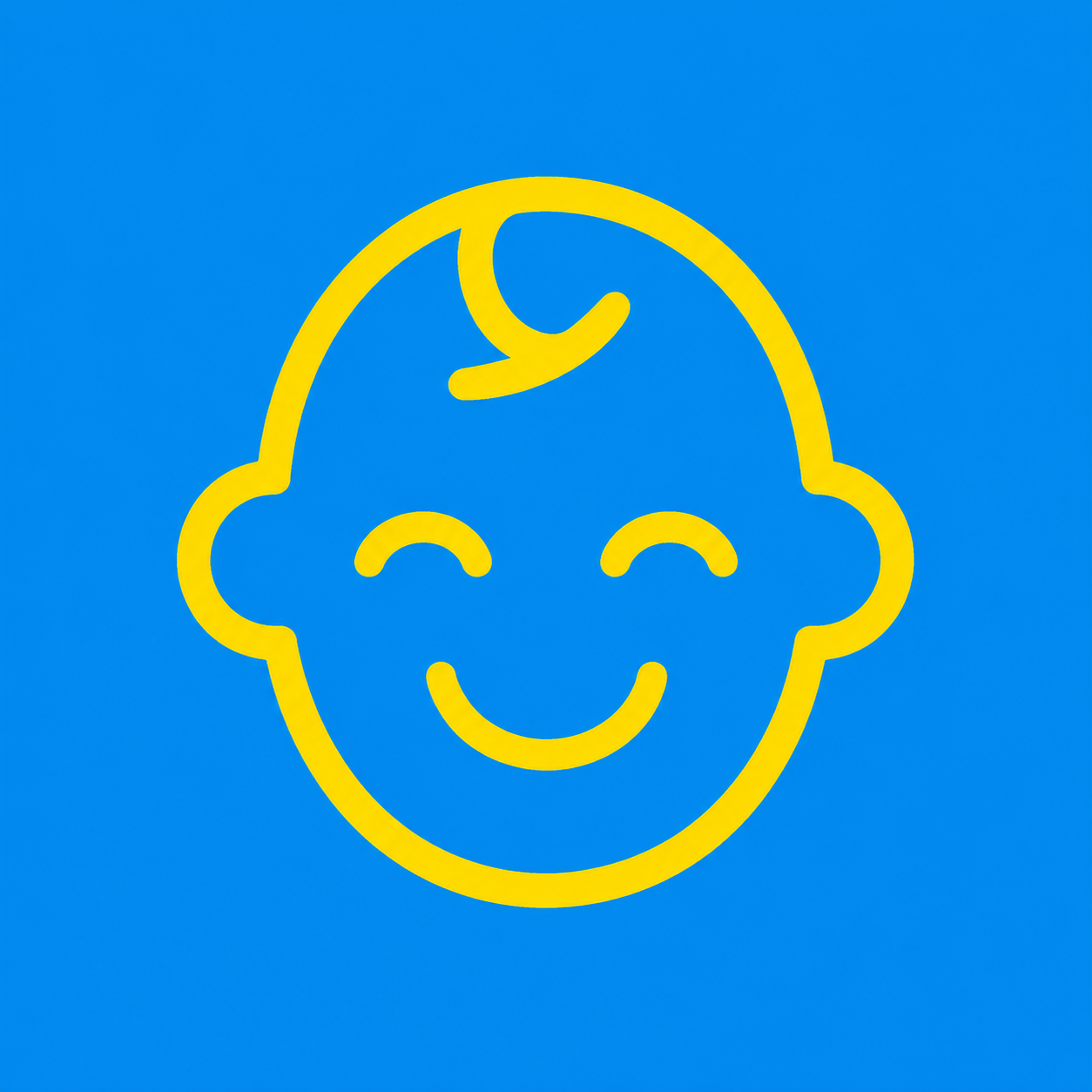 Line drawing of a smiling baby face with a curl of hair on top, set against a blue background.