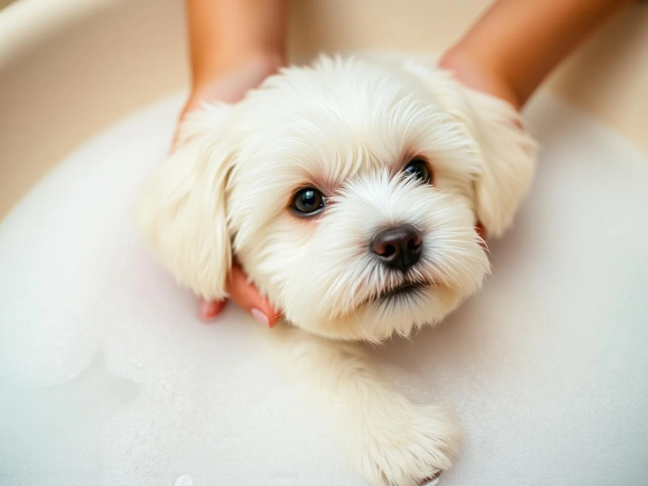 A small, fluffy white puppy with blue eyes being bathed or held.