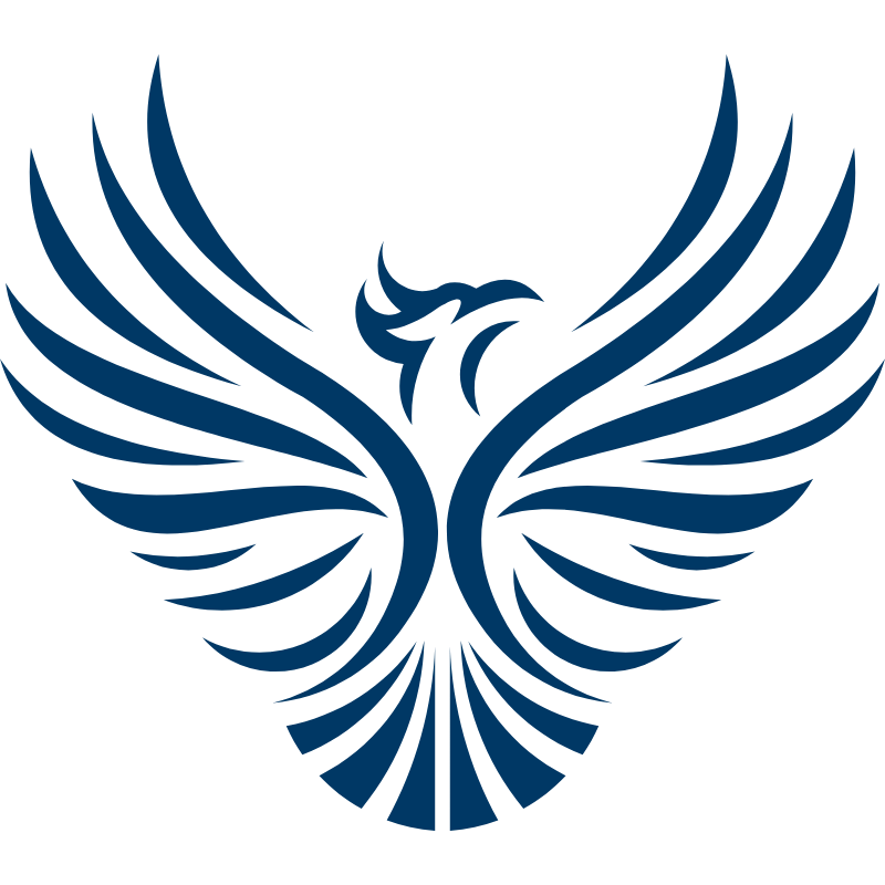 A stylized dark blue eagle with outstretched wings on a black background.