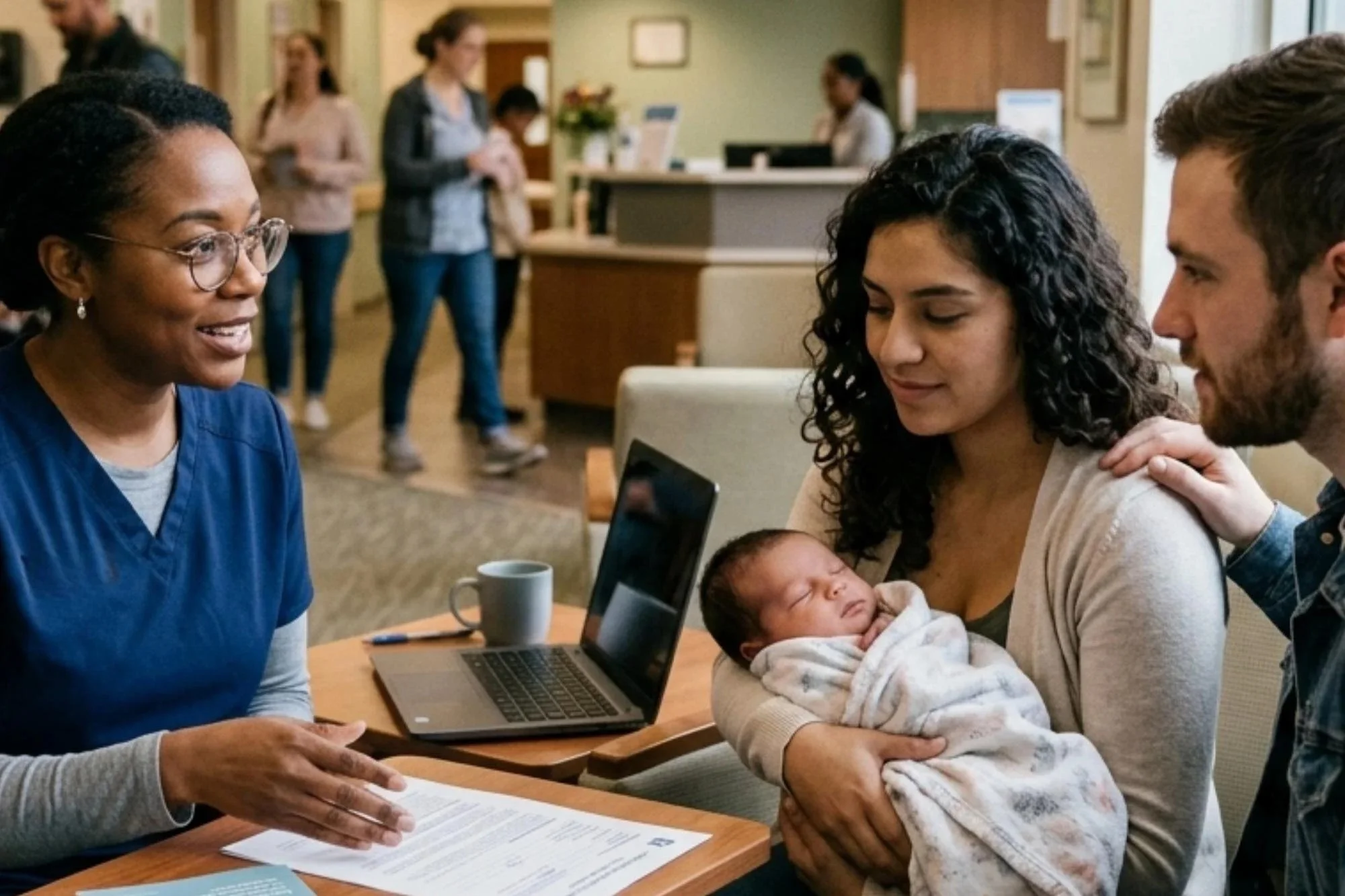 A woman in a gray sweater holding a newborn baby wrapped in a blanket, sitting at a wooden table with a laptop and papers, while a man beside her gently places his hand on her shoulder. A healthcare professional with glasses and blue scrubs is talking to them in a waiting area, with several other people in the background.