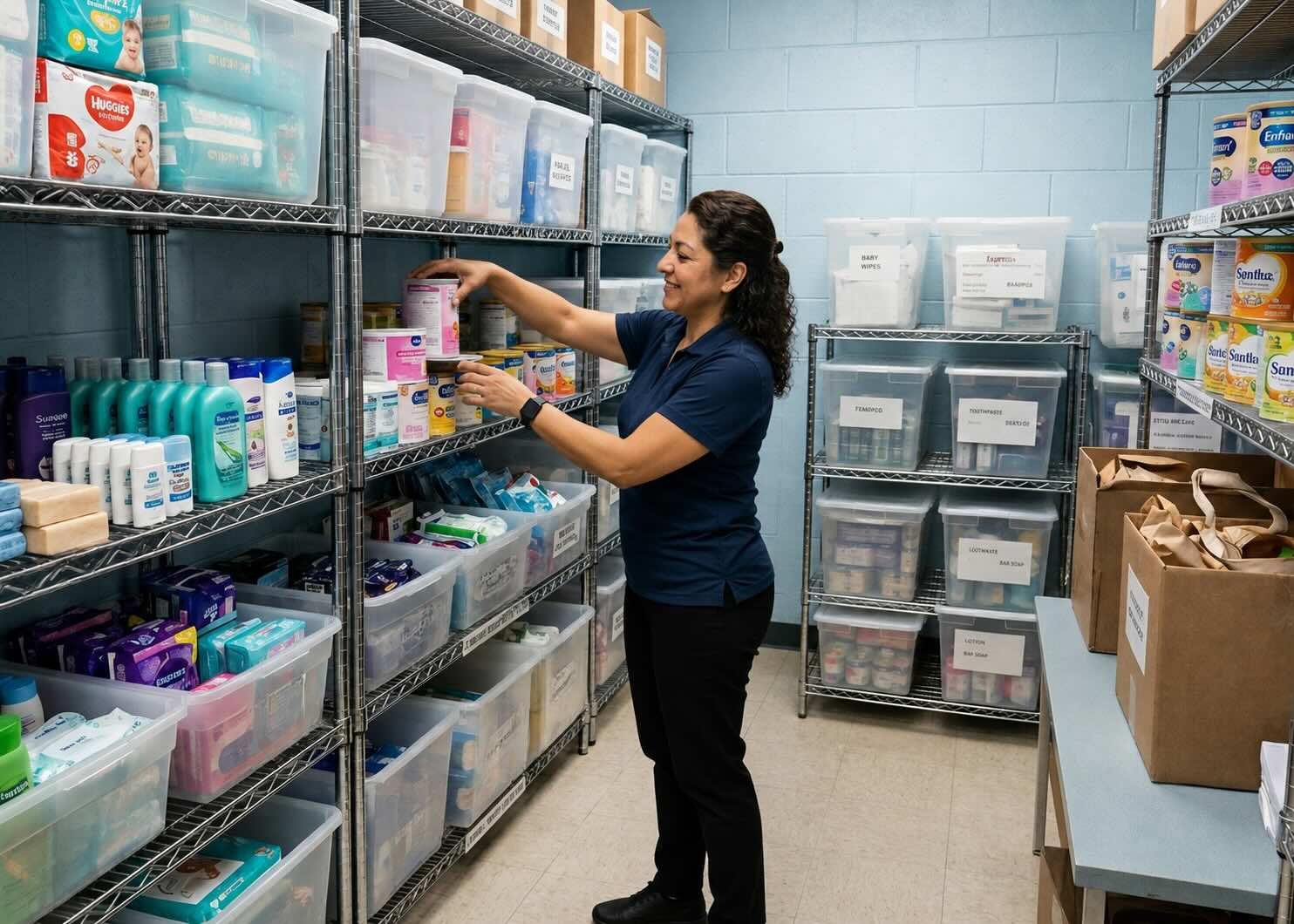 A woman organizing supplies on metal shelves in a storage room, which contains various health and hygiene products including baby wipes, lotions, and health supplies.