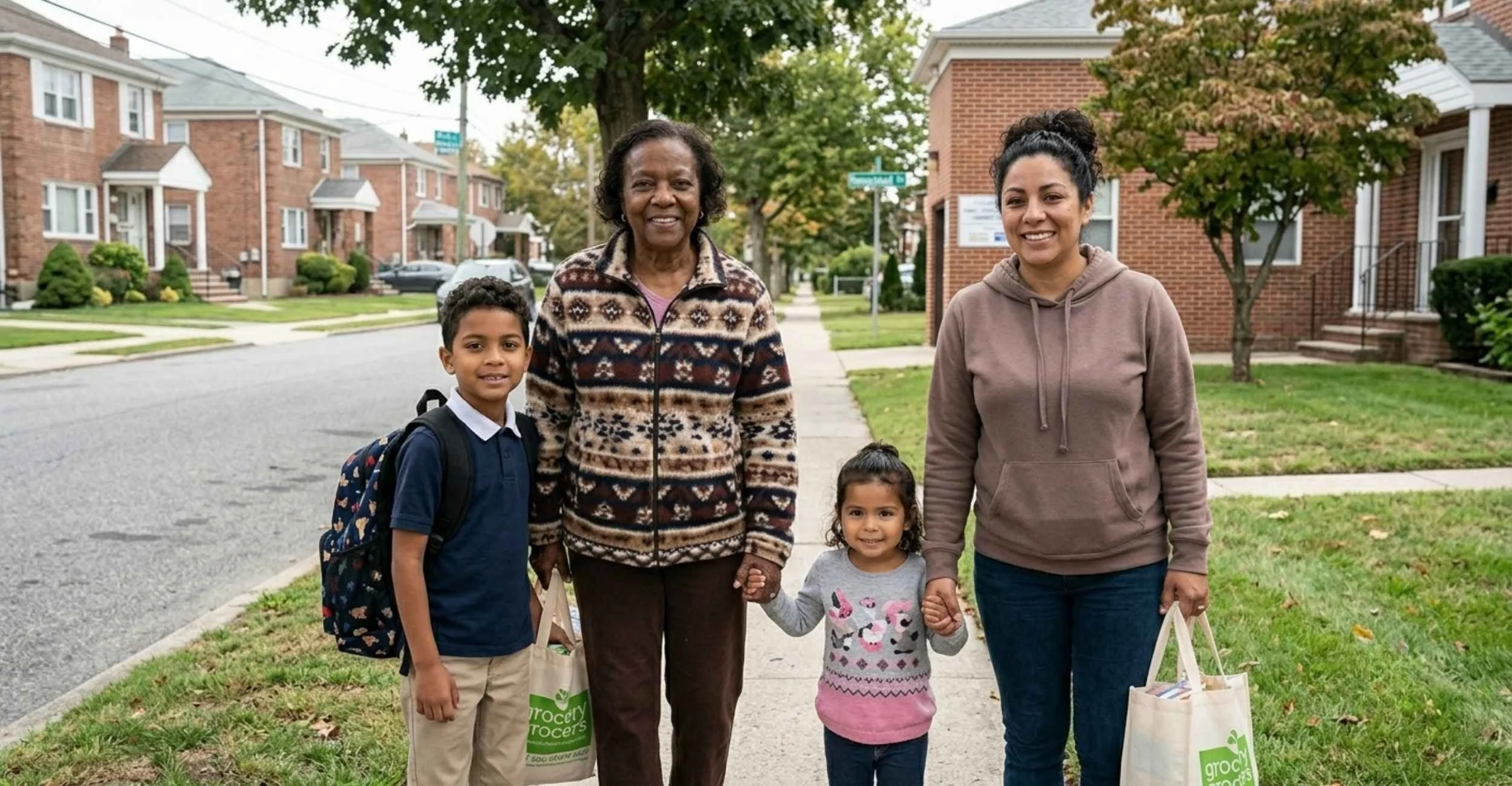 Family of five standing on a sidewalk in a residential neighborhood, holding grocery bags, with houses and trees in the background.
