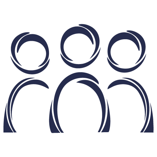 A stylized, abstract drawing of three faces with circular heads and minimal facial features, arranged in a triangular formation, using bold, curved lines.