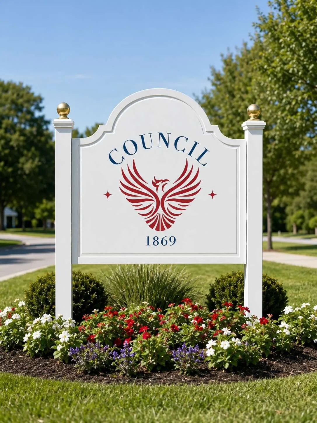 White sign with a red phoenix emblem (the Council 1869 Logo) and the words 'Council' and '1869' on a lawn with colorful flowers and trees in the background.