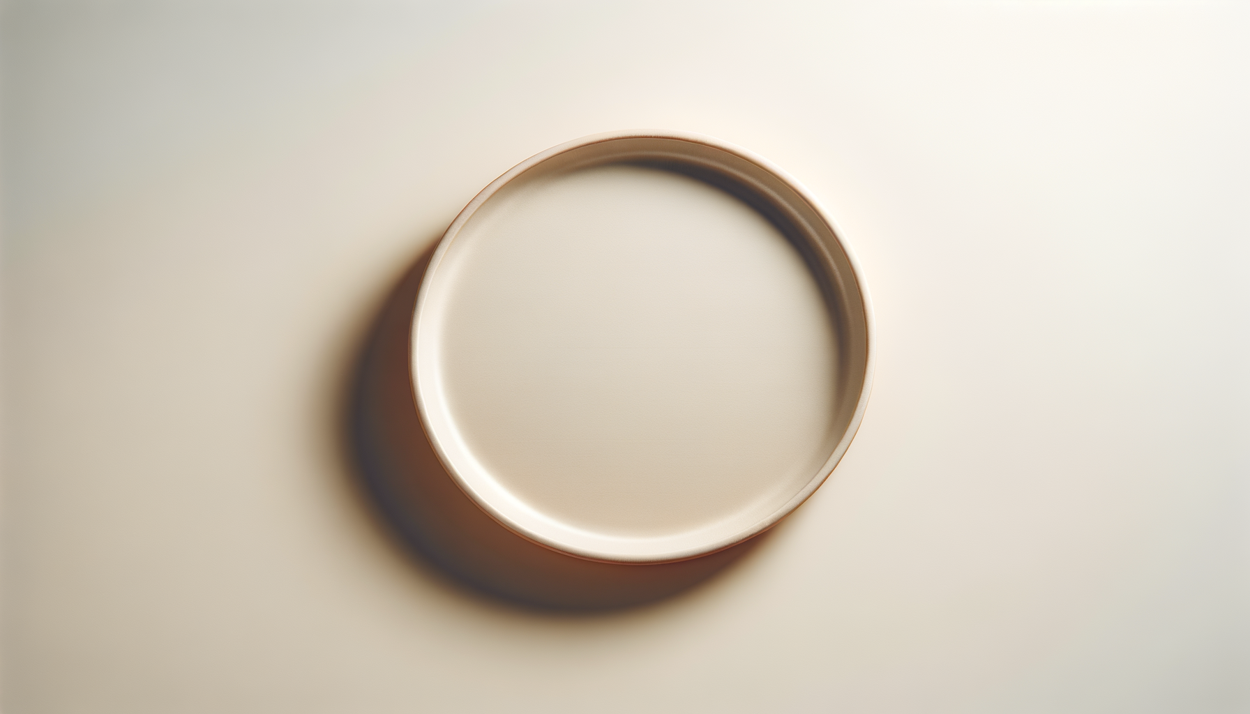 A round, empty, beige-colored tray placed on a light beige surface.