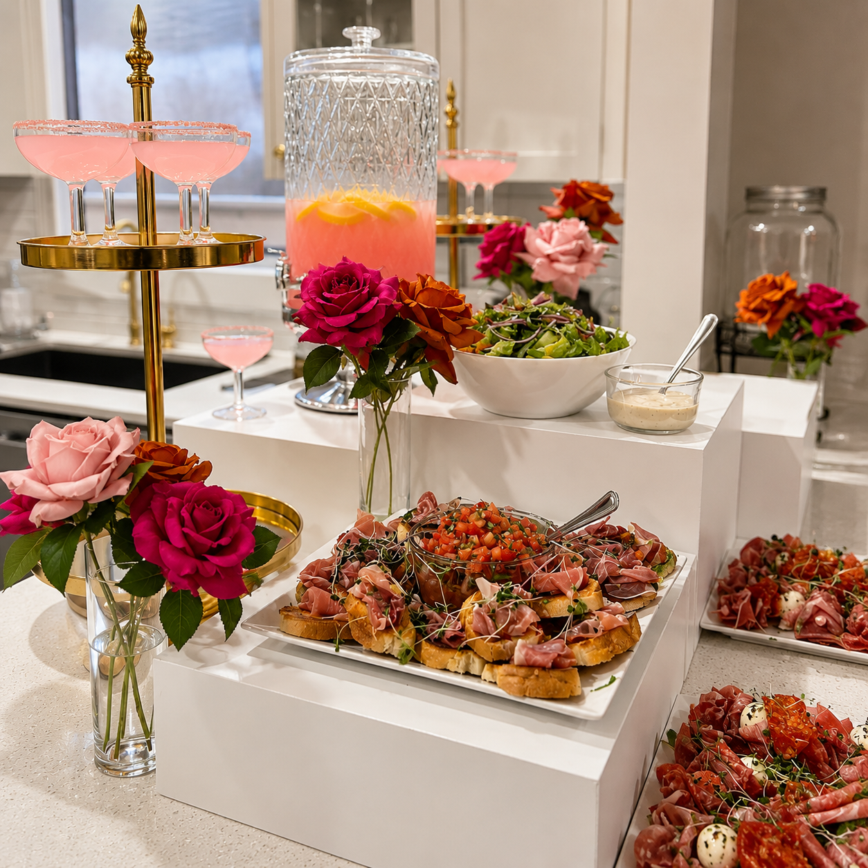 A buffet table with pink lemonade, floral arrangements, salads, and assorted appetizers, decorated with pink, red, and orange roses.