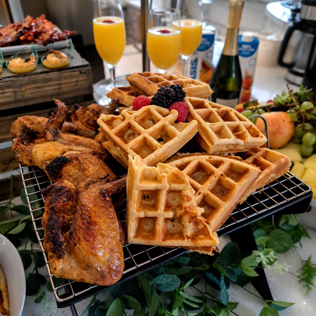 A breakfast spread featuring golden waffles topped with berries, grilled chicken wings, orange juice in champagne flutes, and fresh fruit, with cartons of juice and a bottle of champagne in the background.