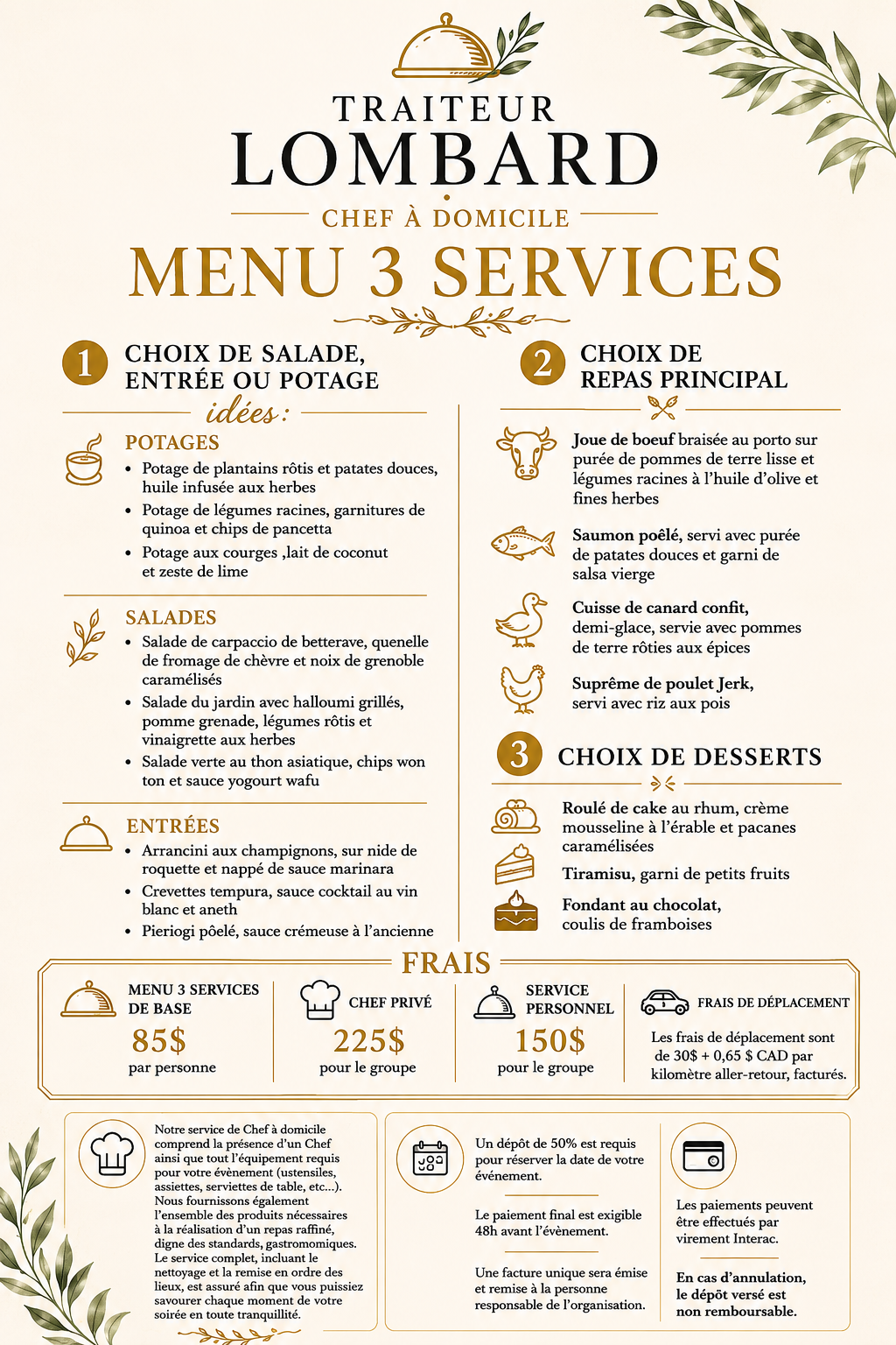 Menu for Traiteur Lombard offering three services with options for salads, main courses, and desserts, with pricing details and additional service information.