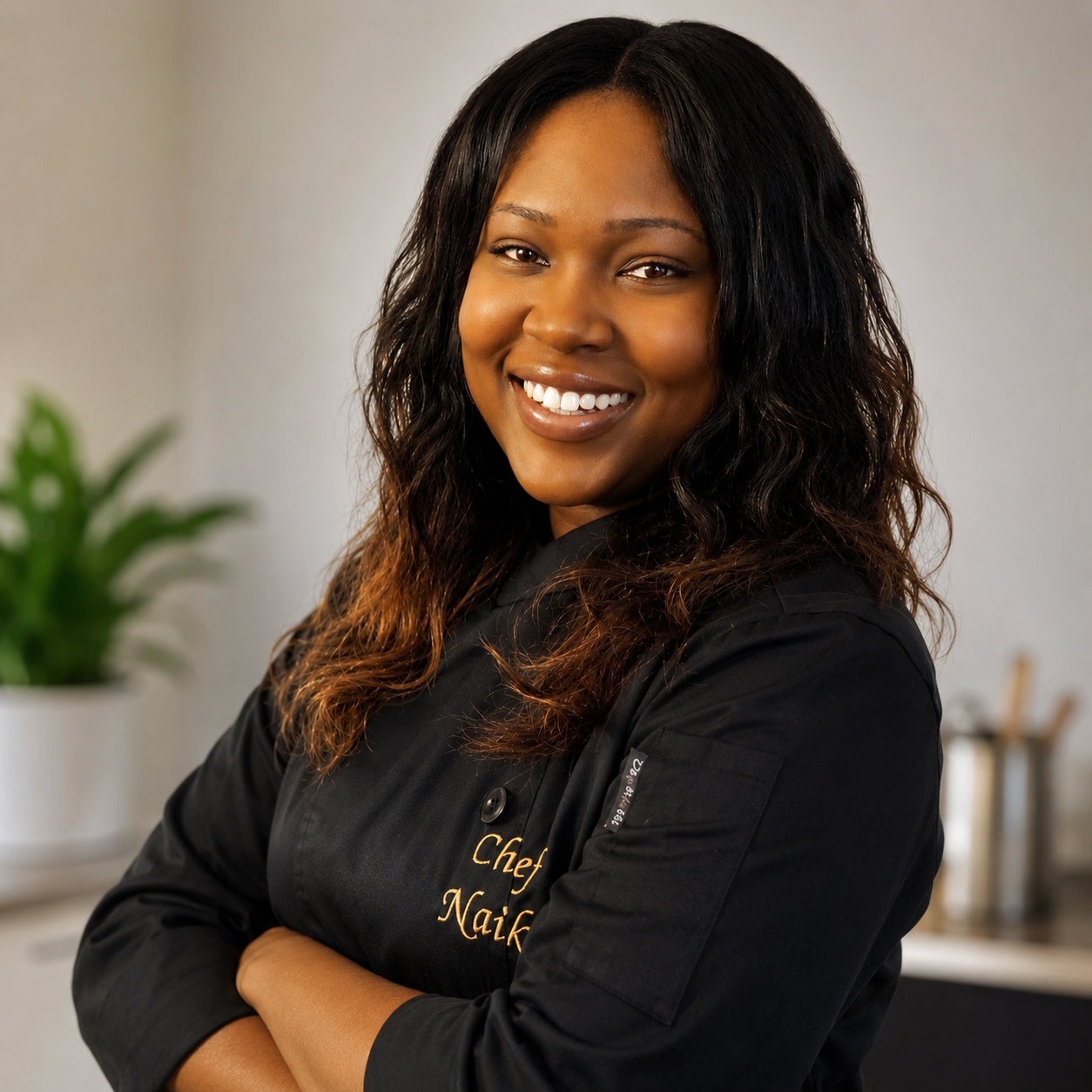 A woman with medium skin tone, curly hair, wearing a black chef coat with gold embroidery, smiling with arms crossed, standing in a kitchen with a plant and utensils in the background.