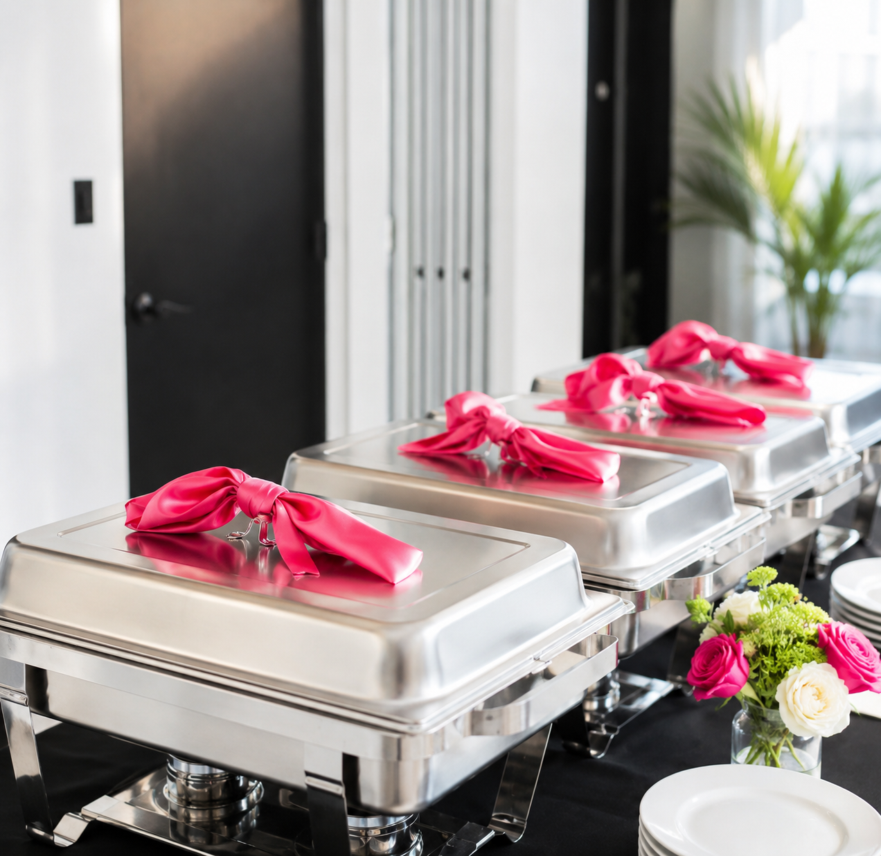 Buffet table with stainless steel chafing dishes decorated with pink silk napkins tied into bows, set in a well-lit room with a black door and white walls, and a floral centerpiece of pink, white, and green flowers.