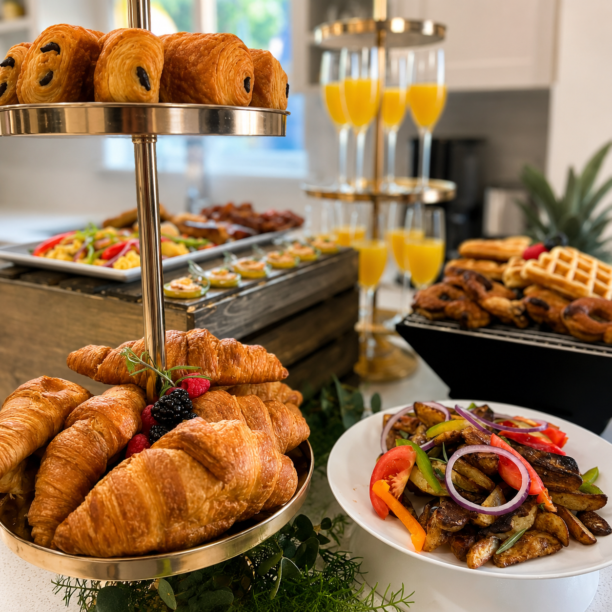 Fresh pastries, croissants topped with berries, assorted fruit, scrambled eggs, waffles, and roasted vegetables on a brunch table with orange juice in the background.