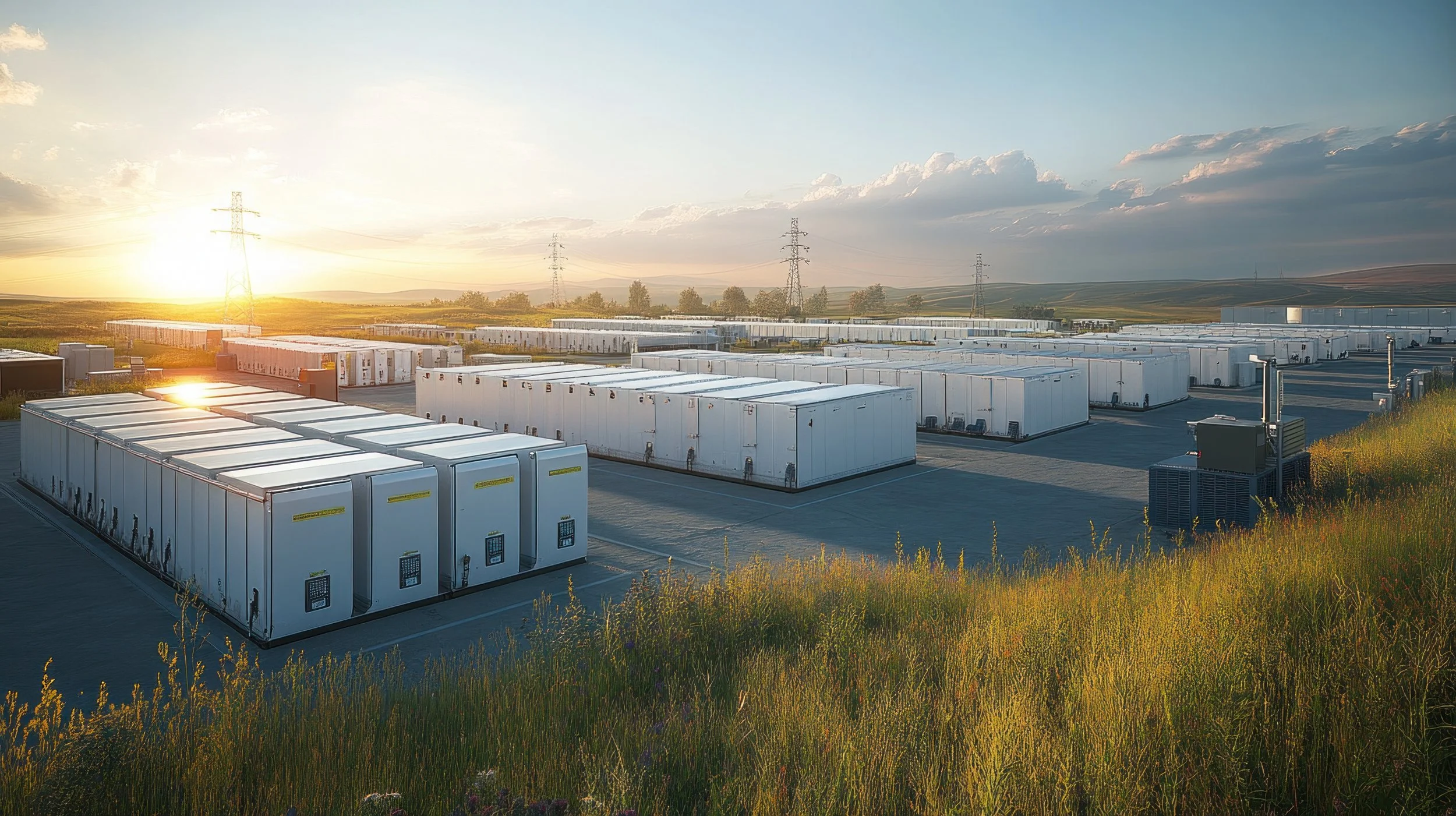 Large outdoor data center with white server containers set in a vast open area, with rolling hills and cloudy sky in the background, illuminated by the setting sun.