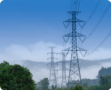 Power lines and towers with a cloudy sky and trees in the background.