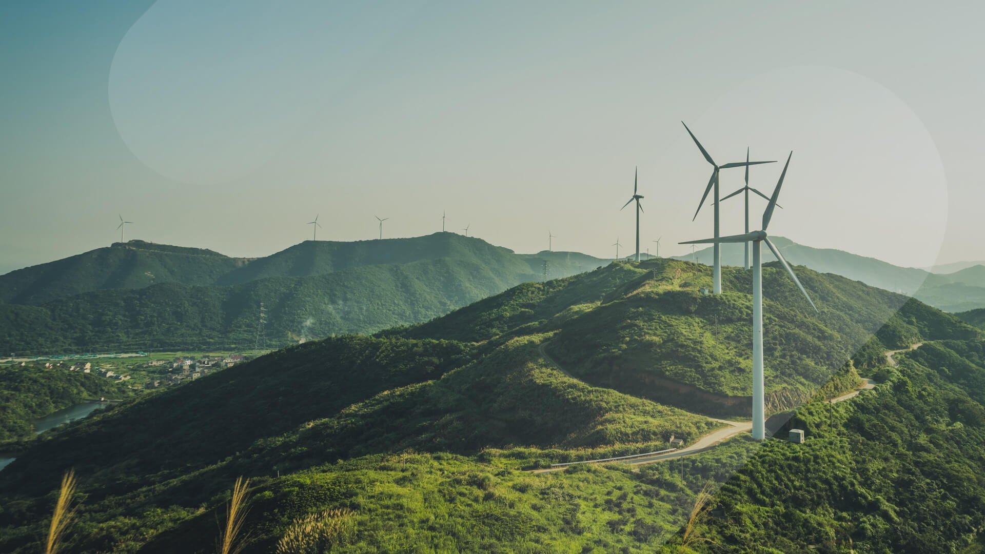 Hilly landscape with green vegetation and multiple wind turbines on the ridges under a clear sky.
