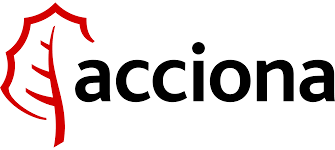 Acciona logo with a stylized red leaf design.