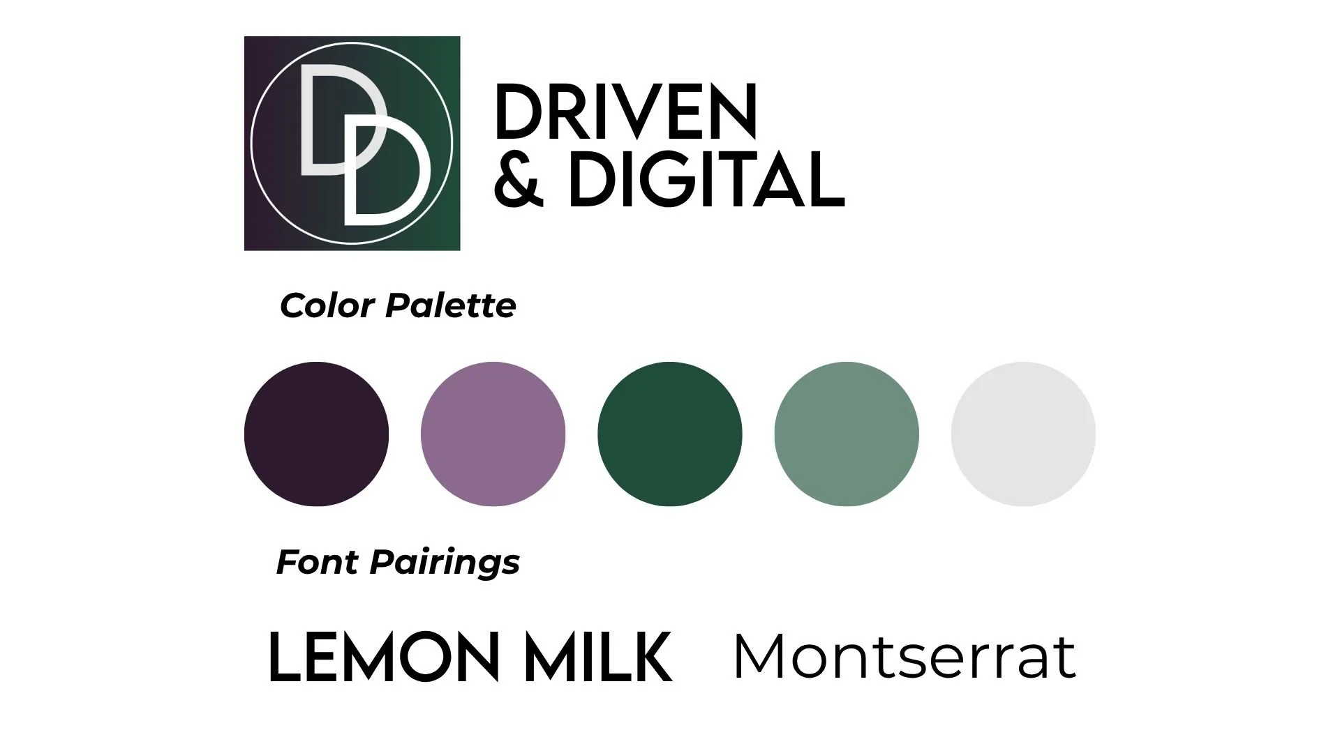 Brand identity for Driven & Digital brand. Including brand logos, colors, and fonts.