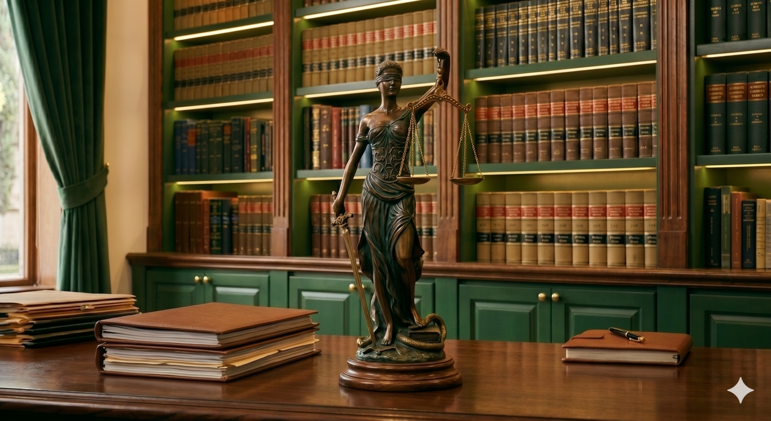 A legal office or library with green bookshelves filled with large law books, a wooden desk with stacks of folders and files, and a bronze statue of Lady Justice holding scales and a sword.