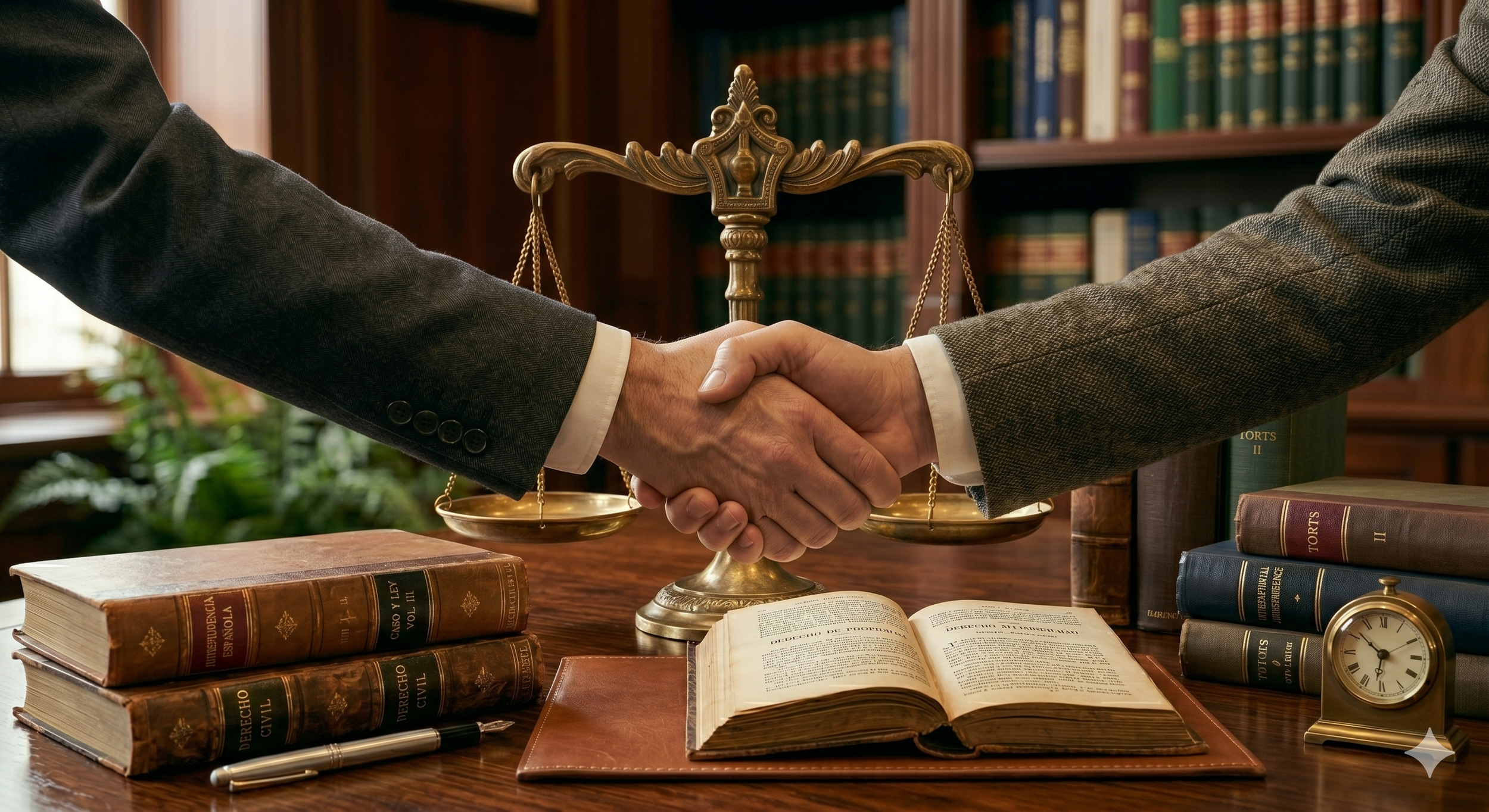 Two people in suits shaking hands over a wooden table filled with old law books, an open examinee book, a pen, a clock, and a golden balance scale in a law library.