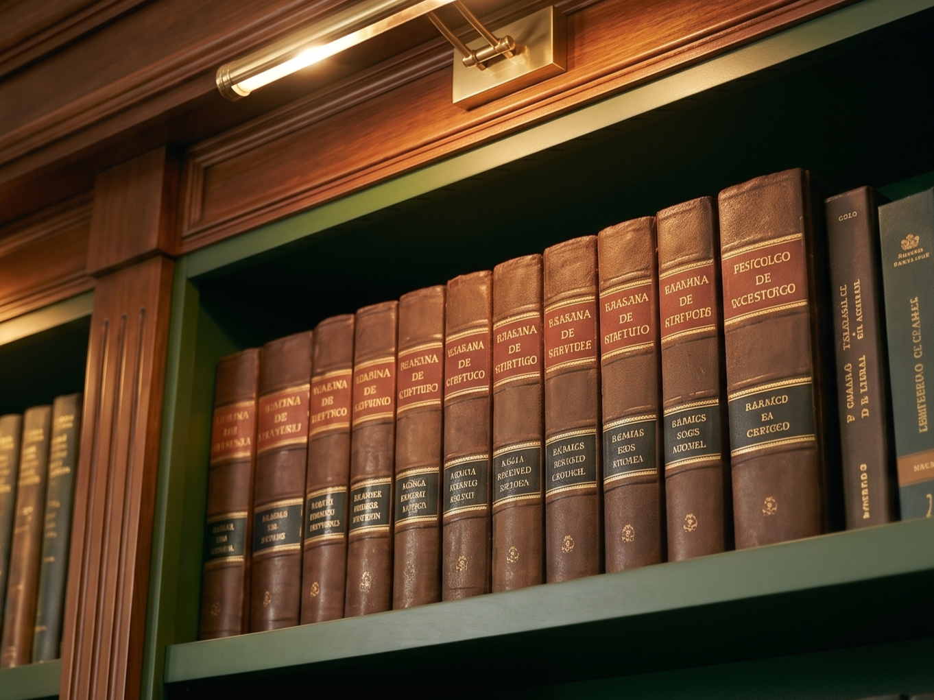 Close-up of a bookshelf with brown leather-bound books with gold text in a library. The top of the bookshelf has a wood frame and a modern light fixture above it.