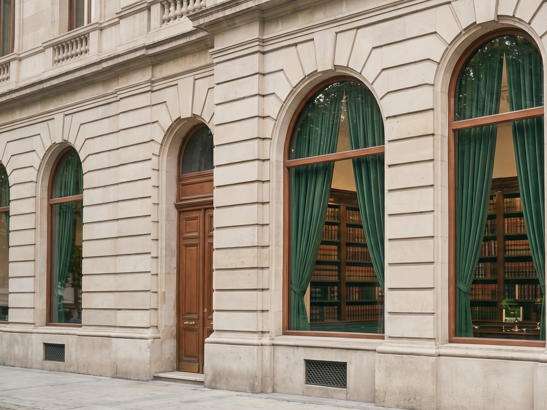 The exterior of a building with large arched windows and a wooden door, with green curtains inside and bookshelves visible through the windows.