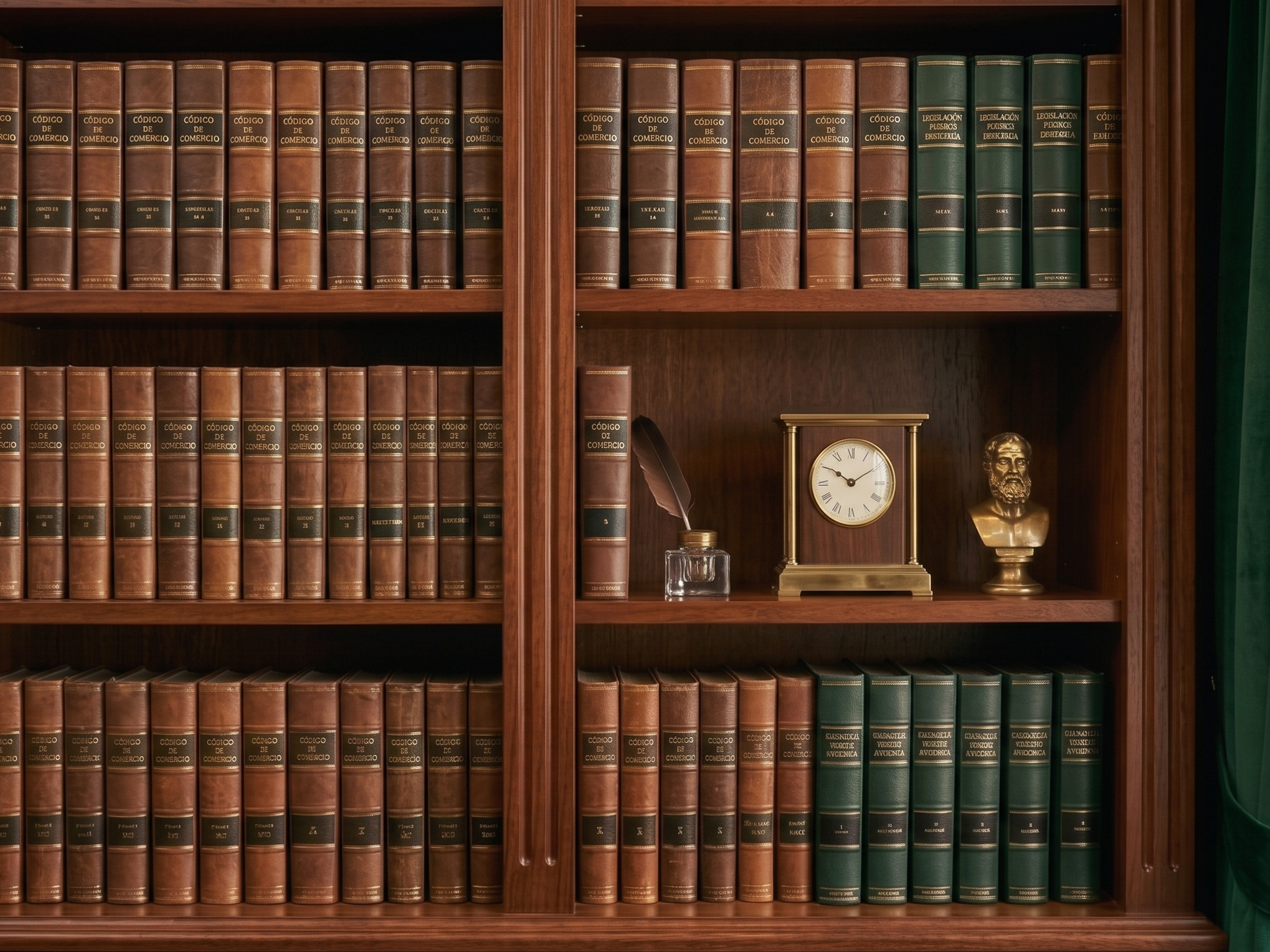 Bookshelf with leather-bound law books, a clock, a quill in a glass ink bottle, and a bust sculpture.