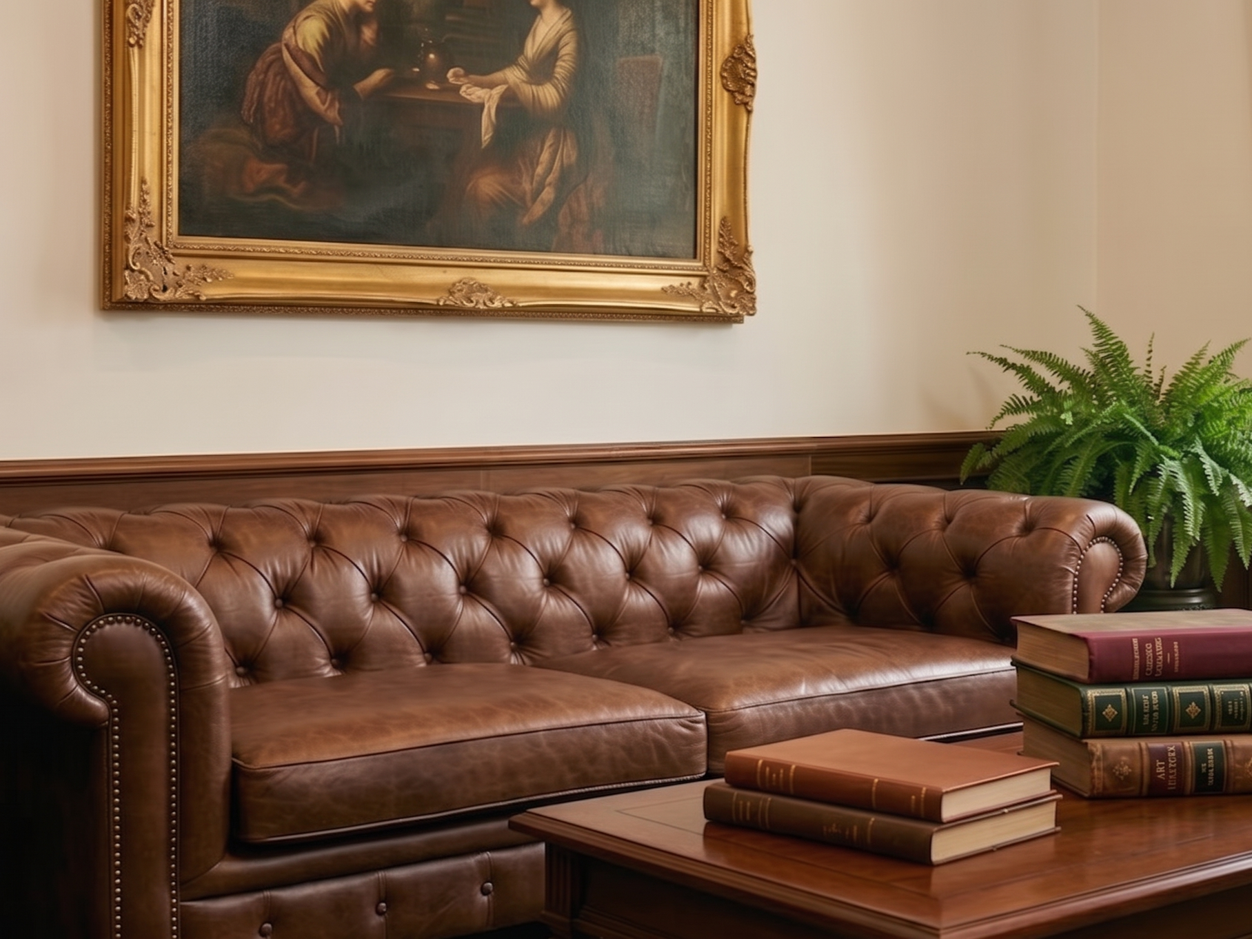 A cozy sitting area with a brown leather tufted sofa, a wooden coffee table with stacked books, a large green fern in a black pot, a framed classical painting of women in historical attire on the wall, and warm ambient lighting.