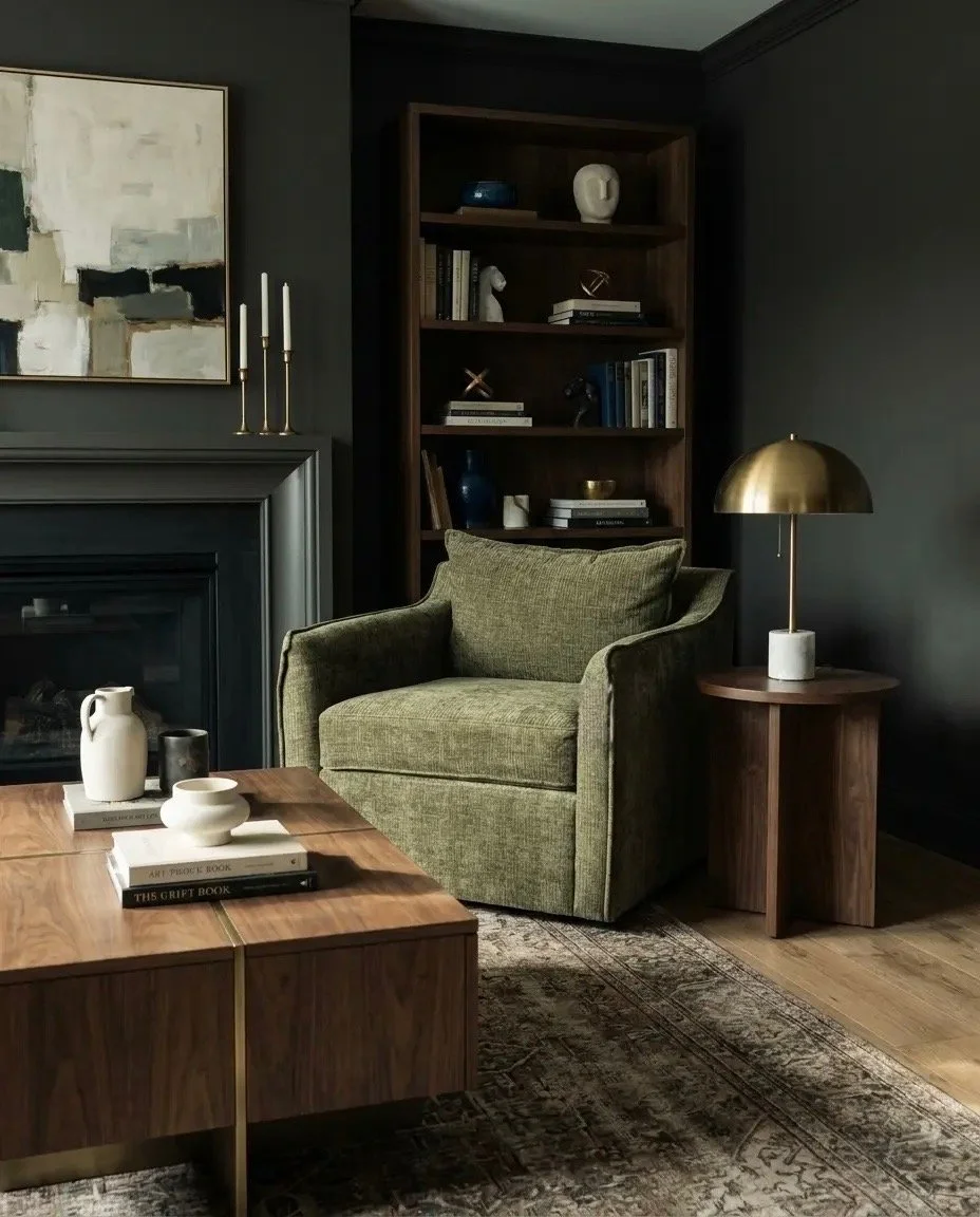 A cozy living room corner with a green armchair, a wooden side table with a brass lamp, a bookshelf with decorative items and books, a fireplace with three tall candles, a large abstract painting on the dark wall, and a wooden coffee table with books and ceramic decor.