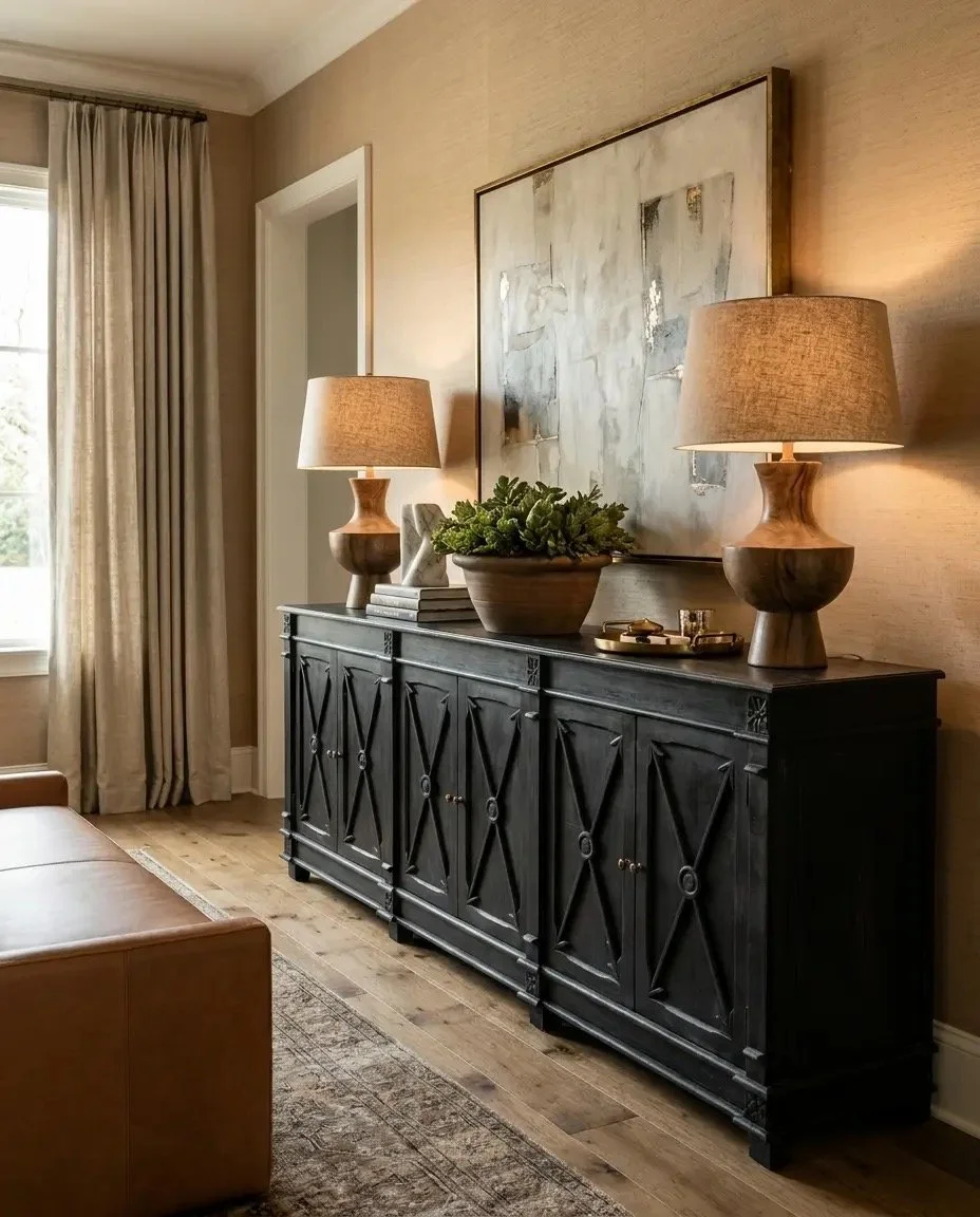 A black wooden sideboard with decorative paneling, topped with two wooden table lamps with beige shades, a large potted plant, and a small tray with accessories. There is a large abstract painting above the sideboard, beige curtains by a window on the left, and a leather piece of furniture in the lower left corner.