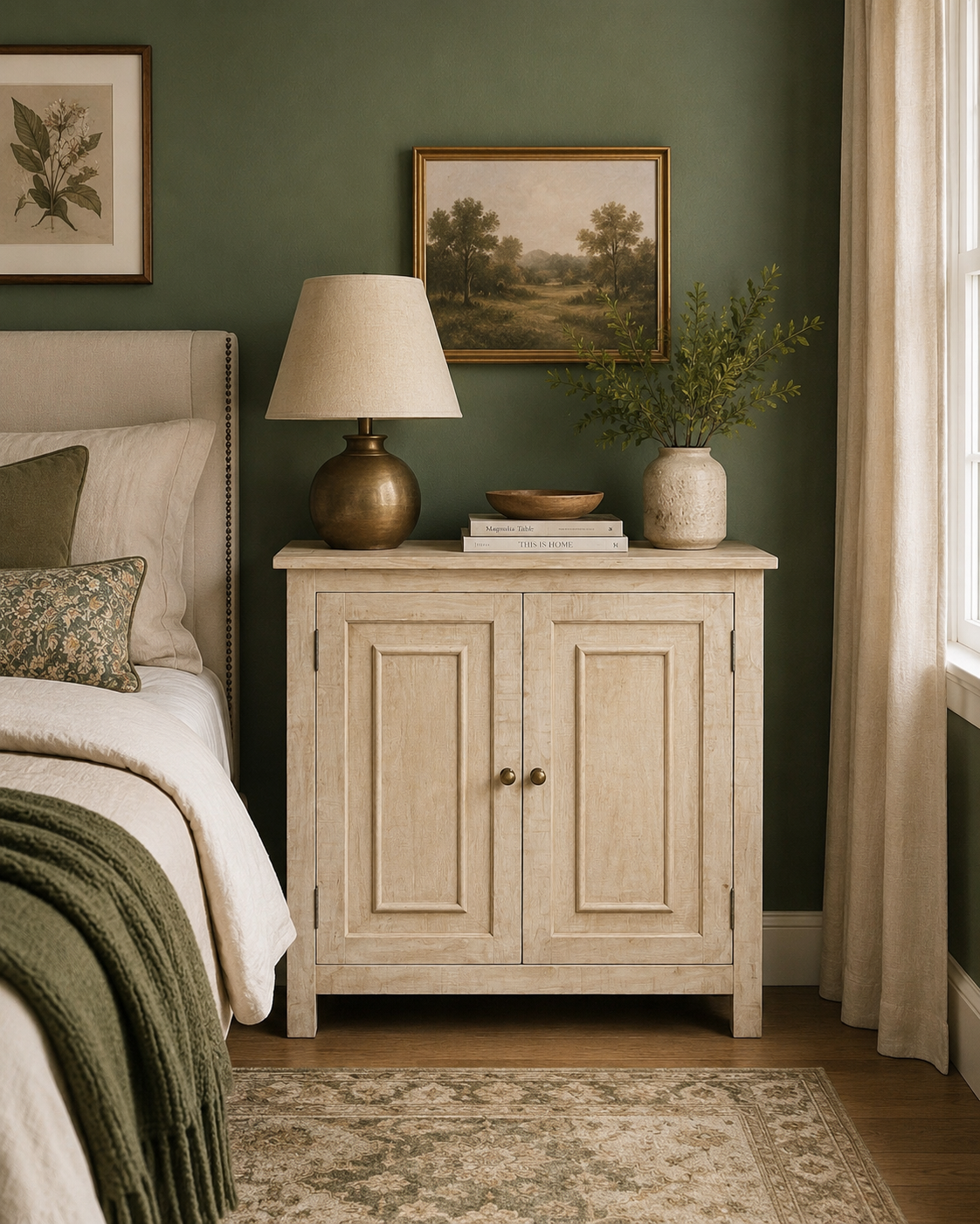 Bedroom with a nightstand, table lamp, books, and a vase with greenery, next to a bed with pillows, green walls, and framed artwork.