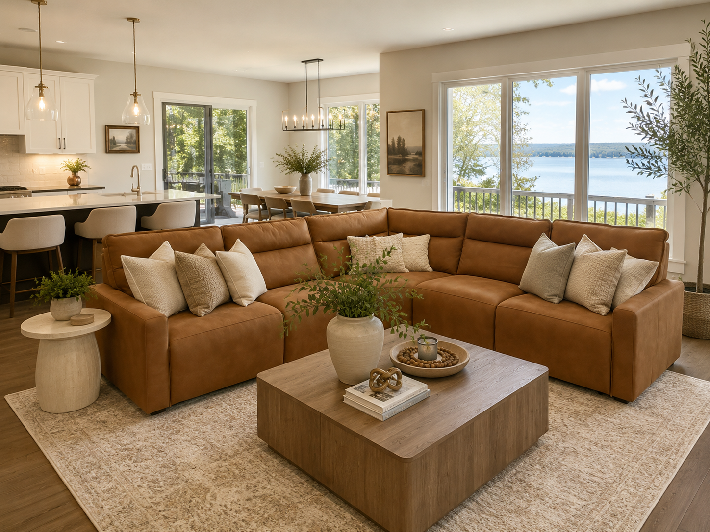 Living room with large leather sectional sofa, beige pillows, wooden coffee table with decorative items, and large windows with a view of a lake and trees.