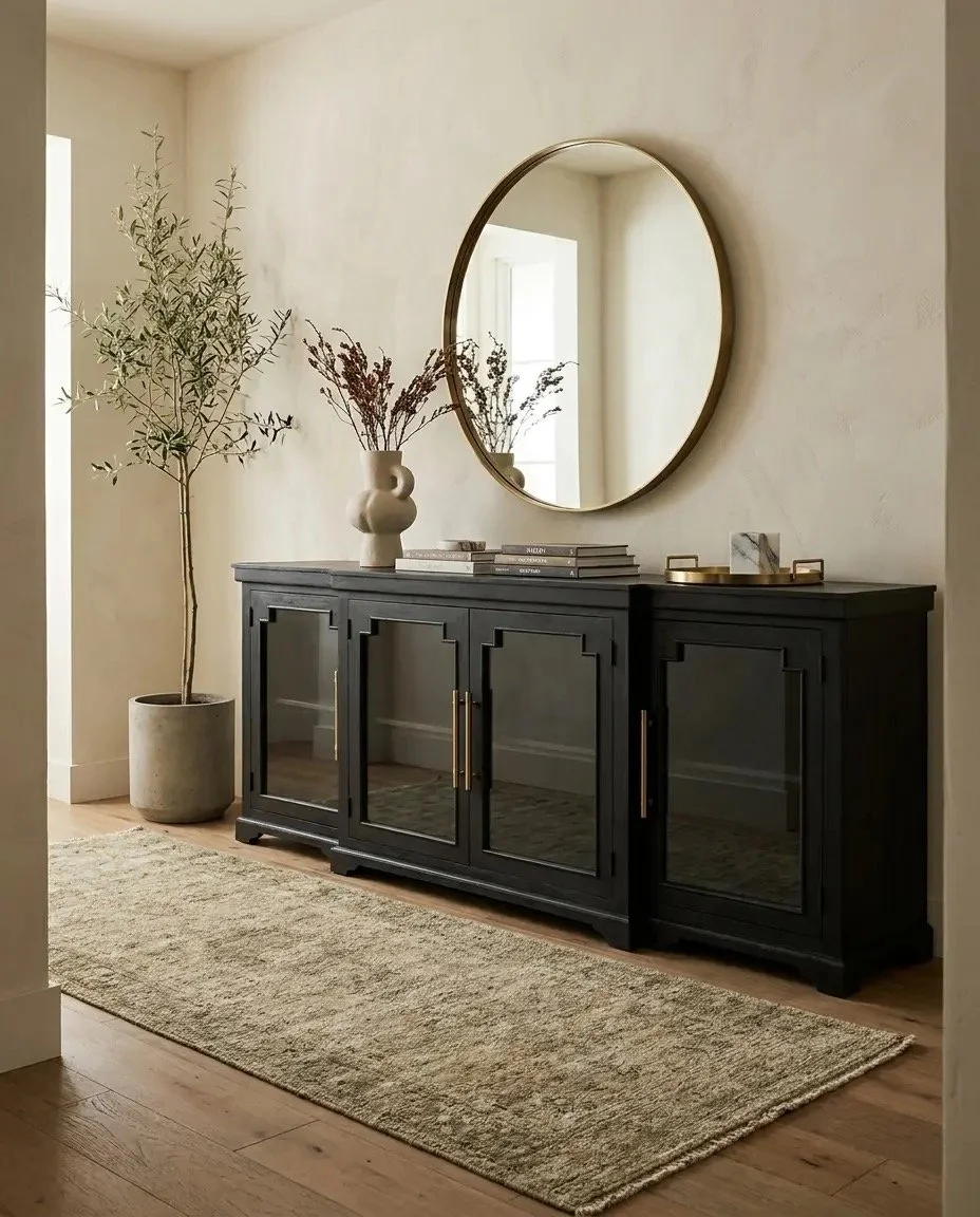 A modern entryway with a black sideboard, a large round mirror, a beige vase with dried flowers, some stacked books, a marble tray, and a tall potted tree in a concrete planter. There's a beige rug on wooden floors and a window reflected in the mirror.