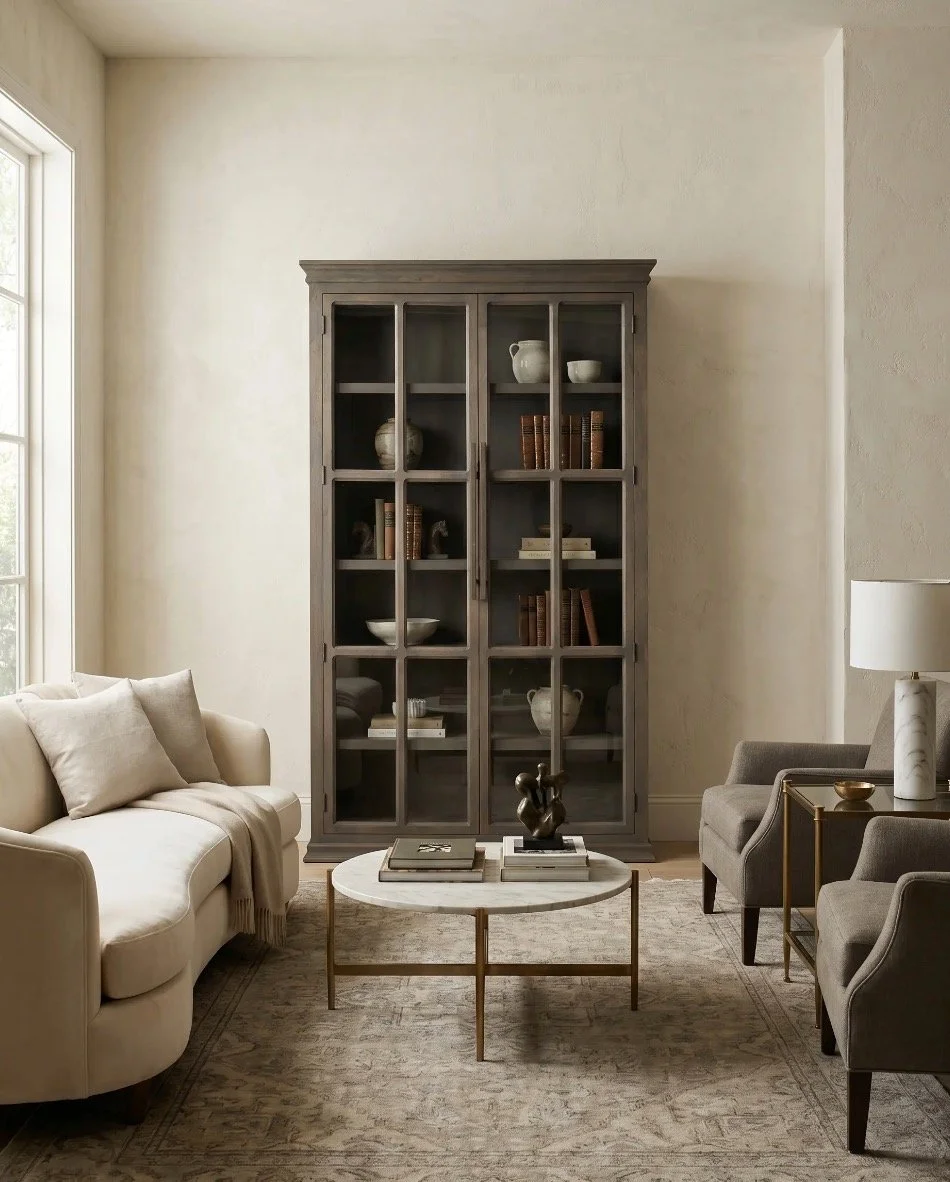 Living room with a beige sofa, two gray armchairs, a round marble coffee table, a tall gray bookshelf with glass doors, and a side table with a white lamp, in a neutrally decorated space with natural light.