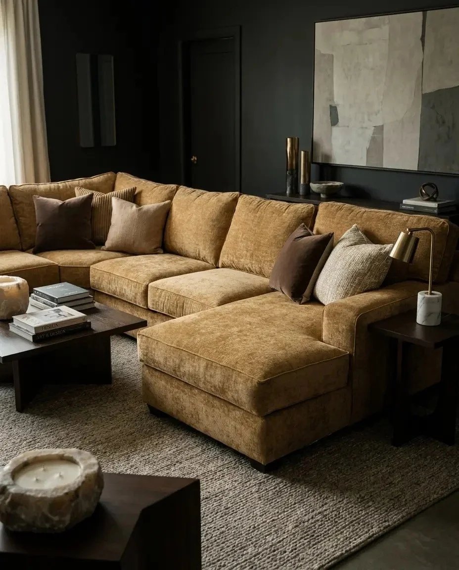 A living room with a large beige sectional sofa with multiple throw pillows in various shades of brown and taupe. A dark wood coffee table with books sits in front of the sofa, and a dark wall with accents and artwork is behind it. A small side table with a marble lamp is beside the sofa.