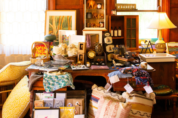 A display of homewares and vintage in a shop.