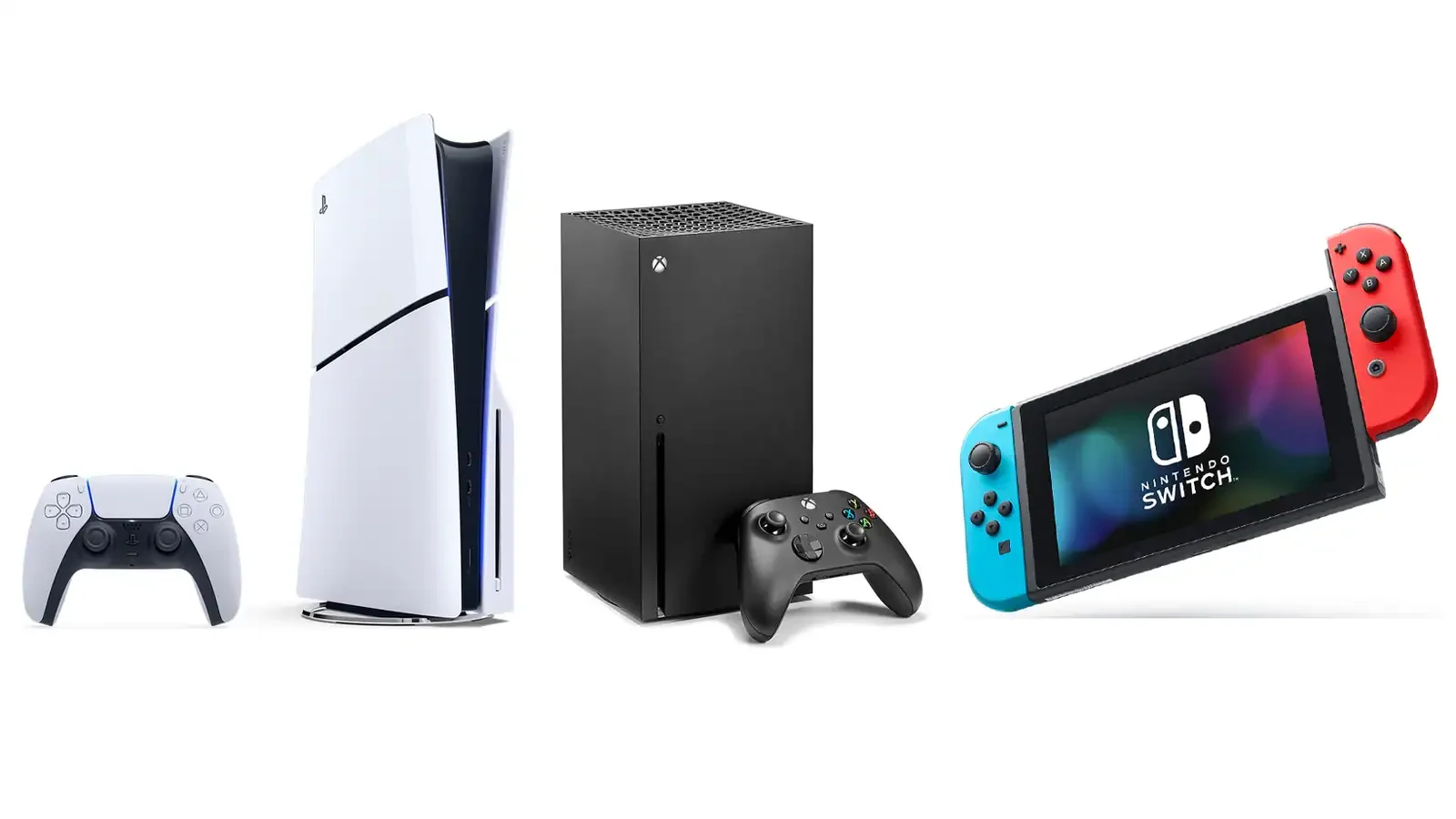 A collection of gaming devices including a PlayStation 5 console with a controller, an Xbox Series X console with a controller, and a Nintendo Switch with red and blue Joy-Con controllers.