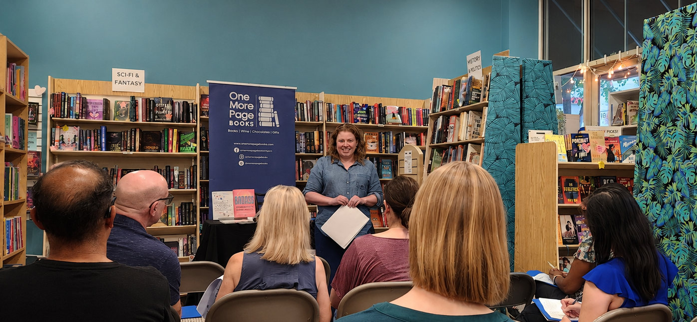 Executive coach Allison Pickett is speaking at a career transition workshop in a bookstore. There is a small, seated group in attendance. Reservations were required.