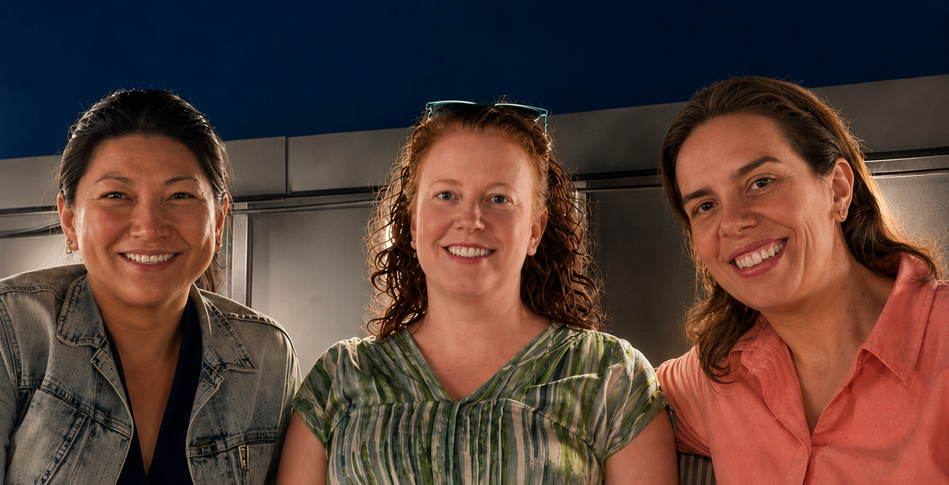 Three women from an AMPlify Coaching and Consulting event at a rooftop bar in Virginia. All three women, including executive coach Allison Pickett, are smiling.