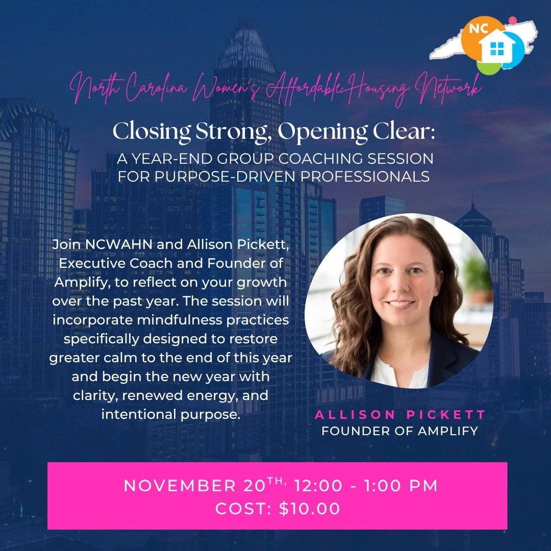 Event flyer for North Carolina Women's Affordable Housing Network featuring a photo of executive coach Allison Pickett. The event was a virtual/online year end stress management and reflection session.