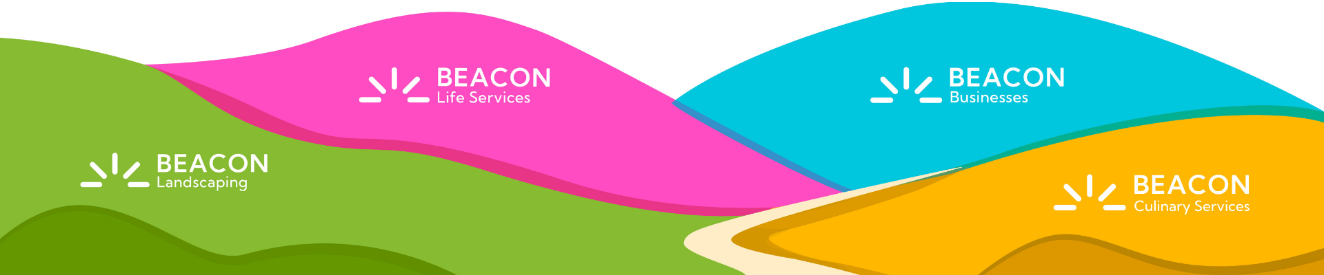 Colorful rolling hills illustration featuring four Beacon brand divisions: Beacon Landscaping (green), Beacon Life Services (pink), Beacon Businesses (teal), and Beacon Culinary Services (gold)